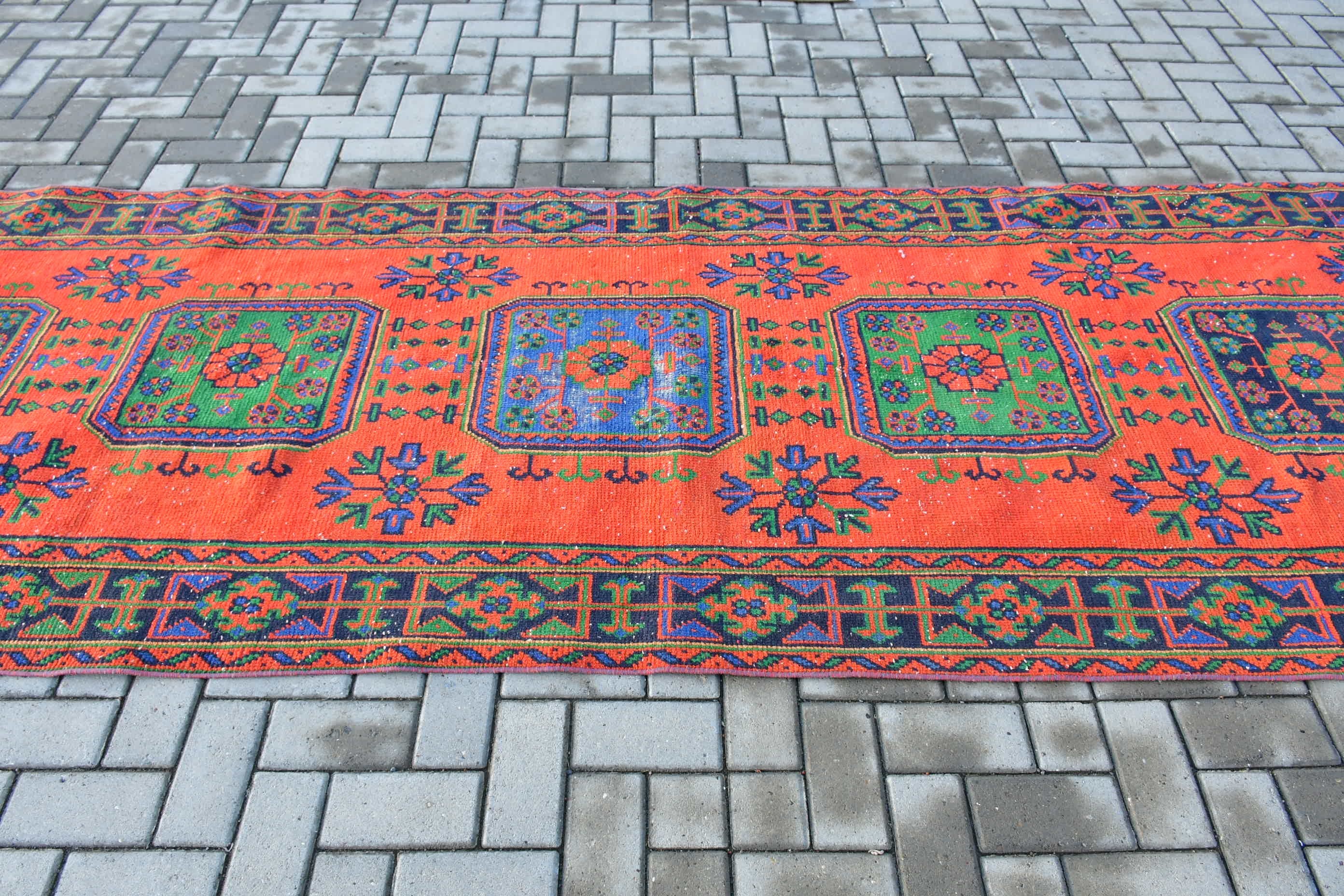 Vintage Halı, Yer Halısı, Harika Halılar, Turuncu 3.8x11.6 ft Runner Halısı, Türk Halıları, Merdiven Halıları, Etnik Halılar, Koridor Halısı