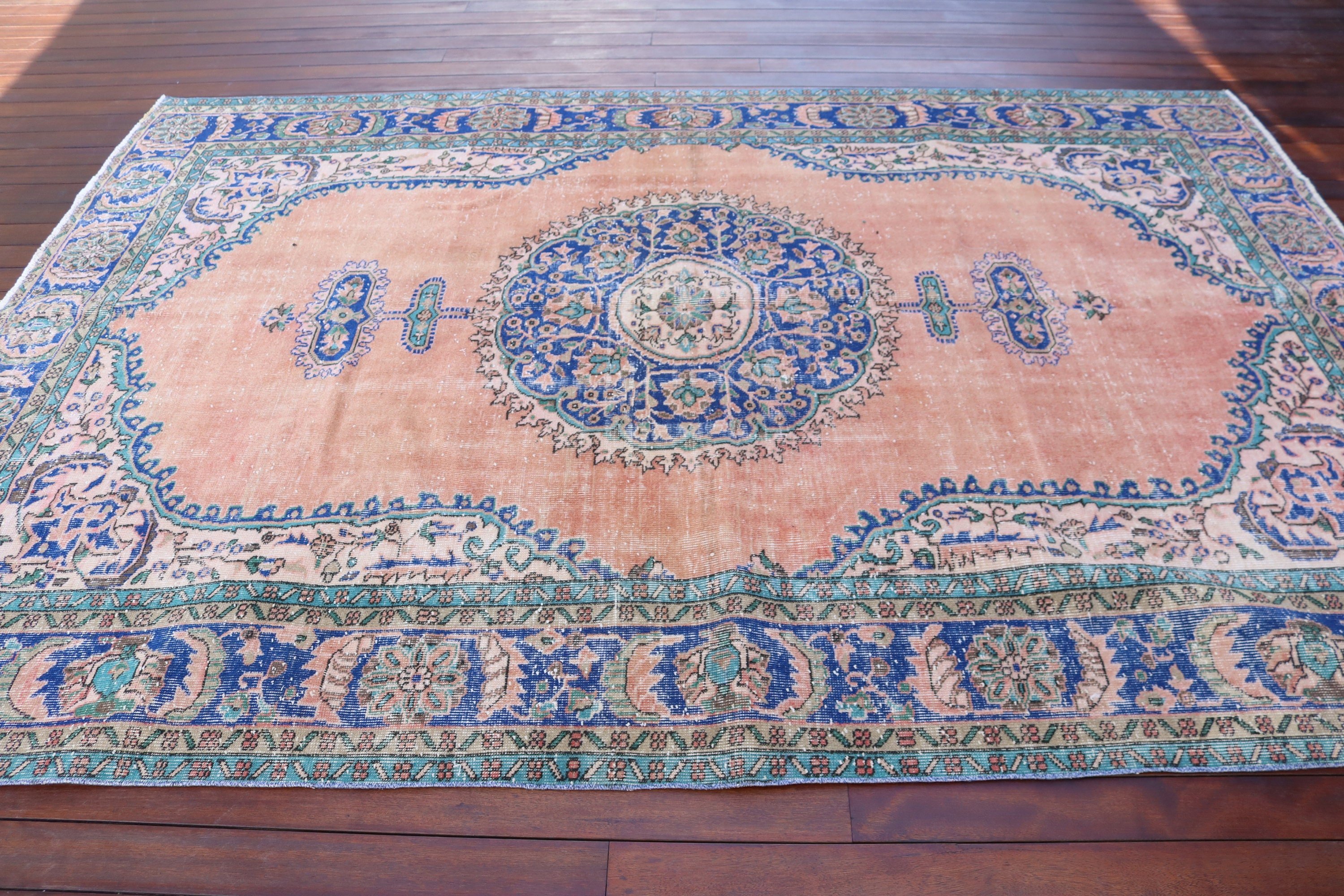 Türk Halısı, Vintage Halı, El Dokuma Halı, 6.9x9.5 ft Büyük Halılar, Büyük Vintage Halılar, Yün Halılar, Büyük Oushak Halıları, Turuncu Anadolu Halıları