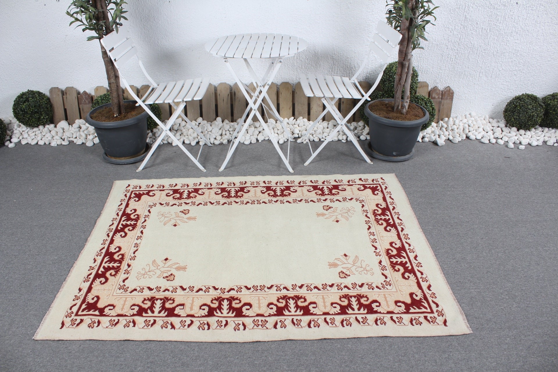 Antique Rug, Hand Knotted Rug, Turkish Rug, Beige Oushak Rug, 4x5.4 ft Accent Rugs, Home Decor Rugs, Entry Rugs, Bedroom Rugs, Vintage Rugs