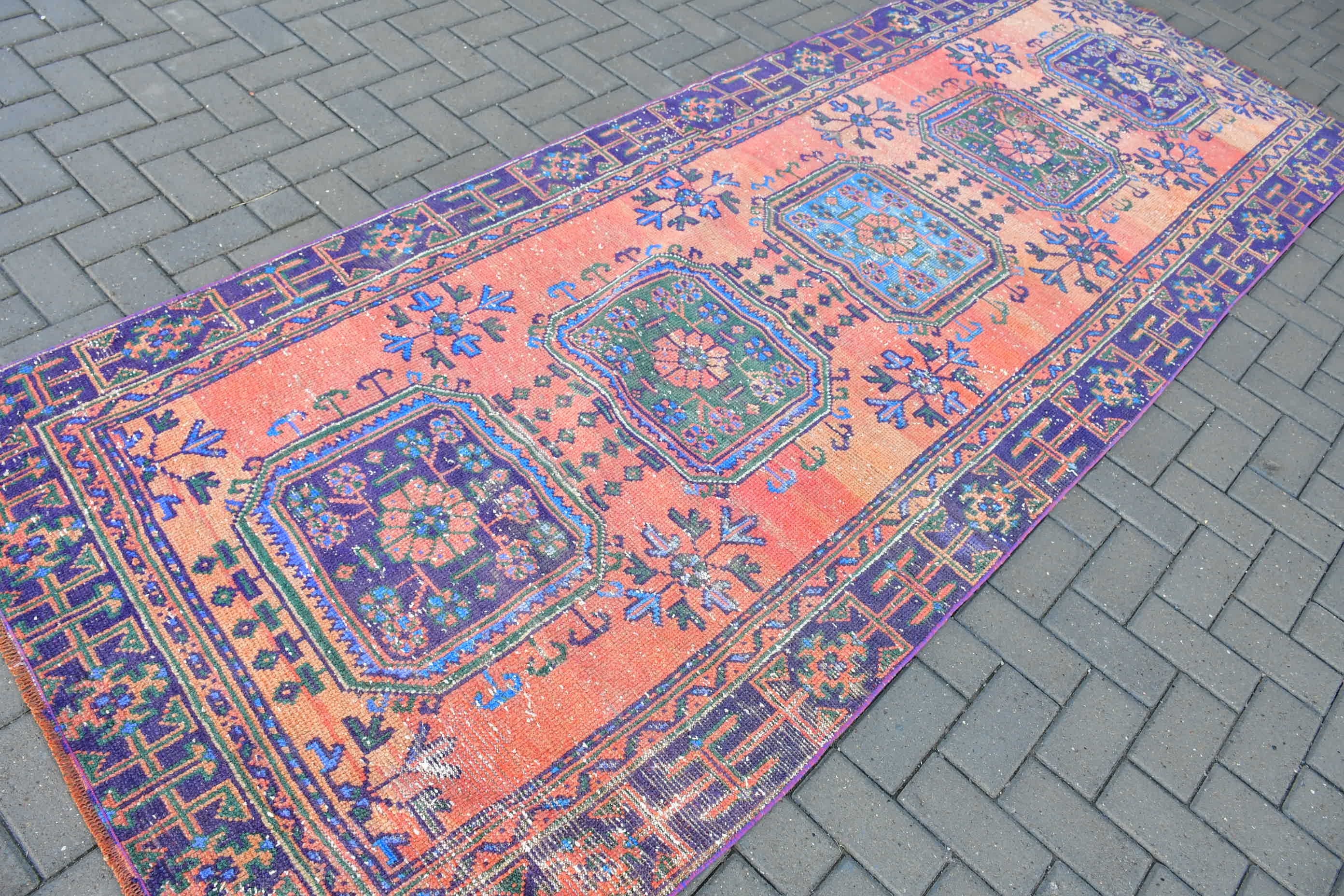 Wool Rugs, Oriental Rugs, Orange Oriental Rug, Vintage Rug, Turkish Rugs, Kitchen Rug, Hallway Rug, 4.1x11.1 ft Runner Rug, Designer Rug