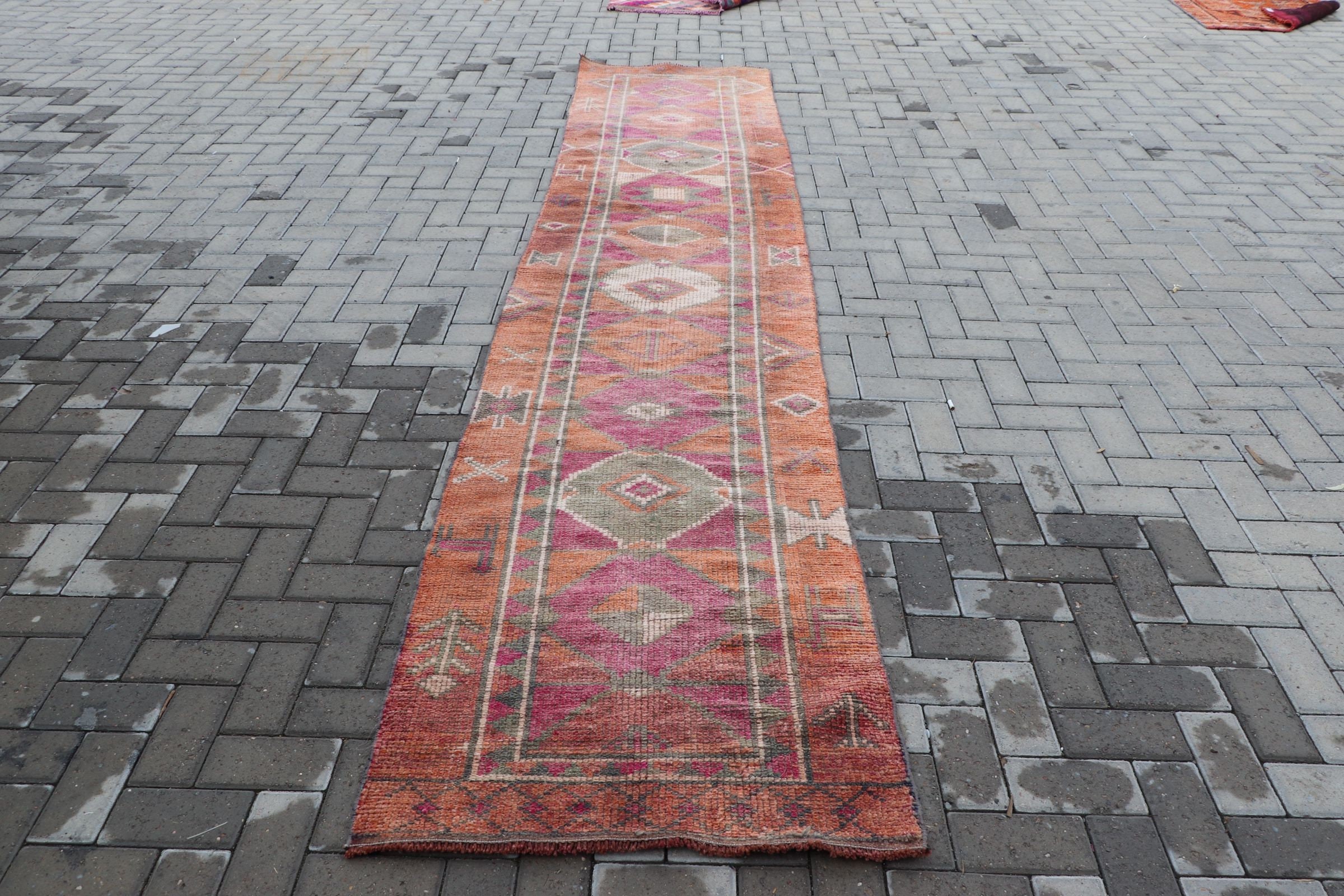 Designer Rug, Orange Wool Rug, Rugs for Corridor, Kitchen Rug, Cool Rugs, Turkish Rug, 2.7x12.6 ft Runner Rug, Vintage Rug, Anatolian Rug