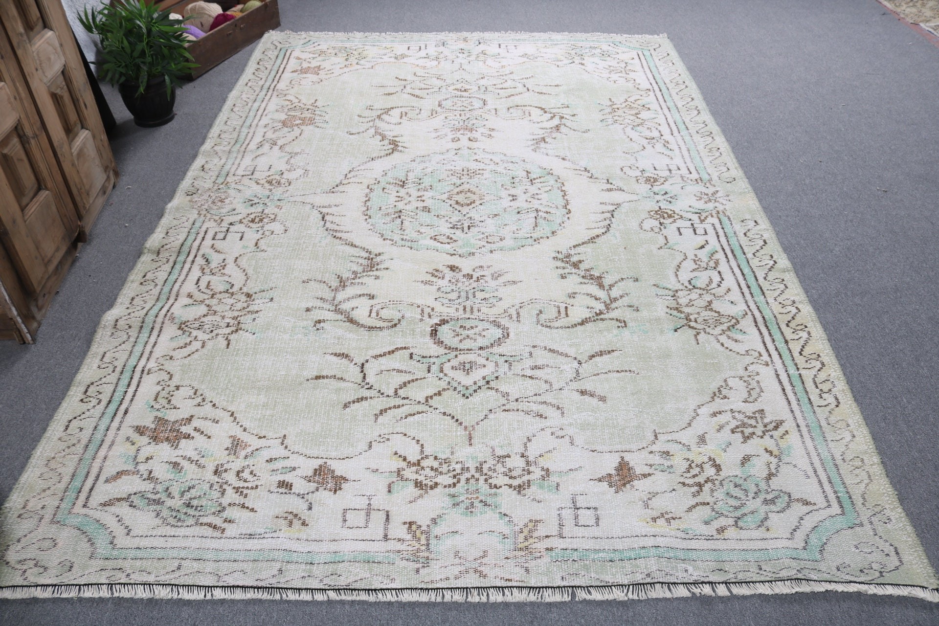 Yeşil Lüks Halılar, Vintage Halılar, Lüks Halı, Türk Halıları, Yatak Odası Halısı, Oturma Odası Halıları, Geometrik Halılar, 6.3x9.6 ft Büyük Halılar, Aztek Halısı