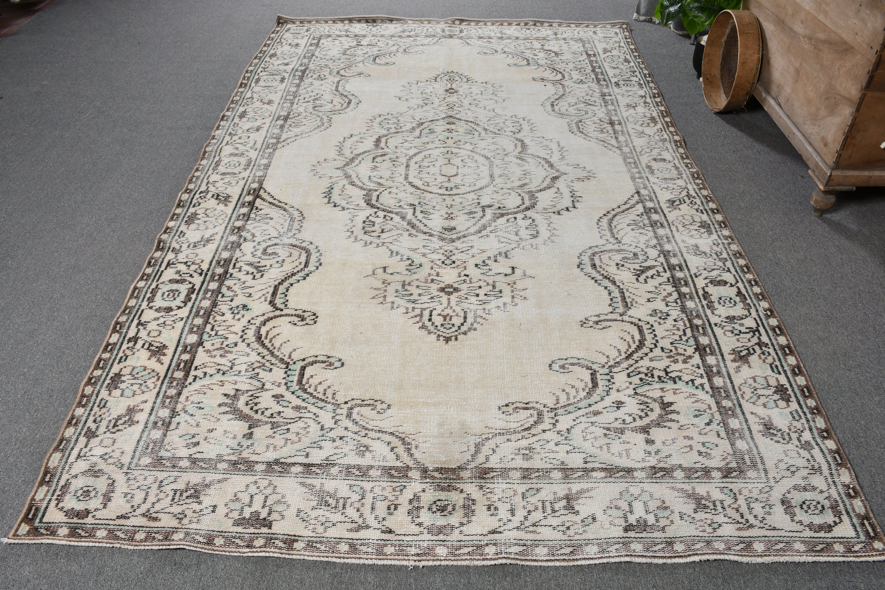 5.8x9.6 ft Büyük Halı, Türk Halıları, Bej Soğuk Halı, Yün Halılar, Vintage Halılar, Yatak Odası Halıları, Oryantal Halı, Yemek Odası Halısı, El Dokuma Halı