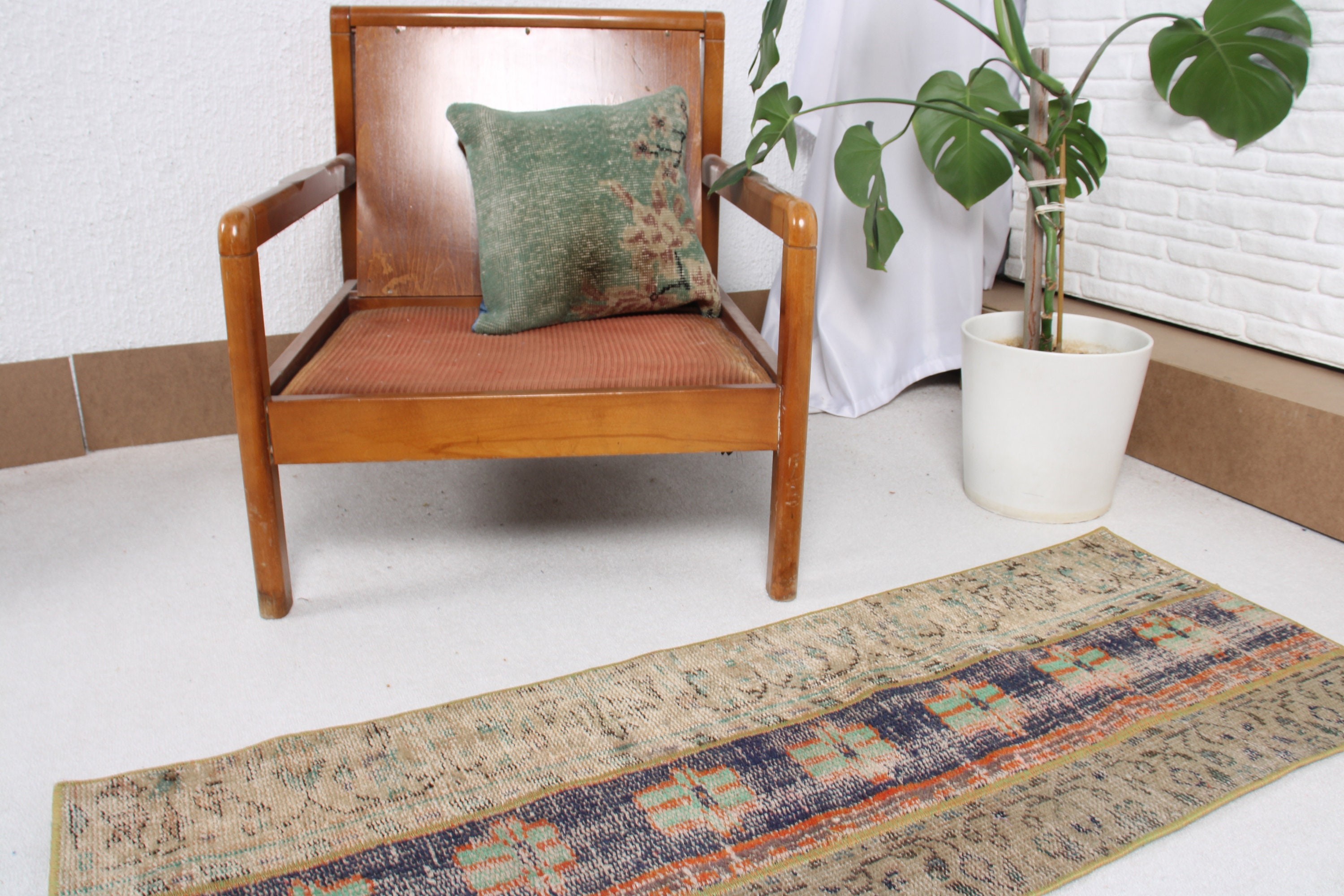 1.6x4.4 ft Küçük Halı, Yeşil Modern Halı, Vintage Halı, Türk Halıları, Küçük Boho Halıları, Modern Halılar, Küçük Vintage Halılar, Açıklama Halıları