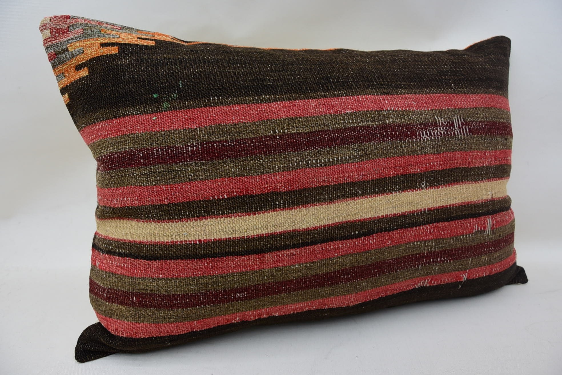 Throw Kilim Pillow, Bolster Throw Pillow Sham, Aesthetic Pillow Sham, Boho Pillow, Antique Pillows, 16"x24" Brown Pillow Sham