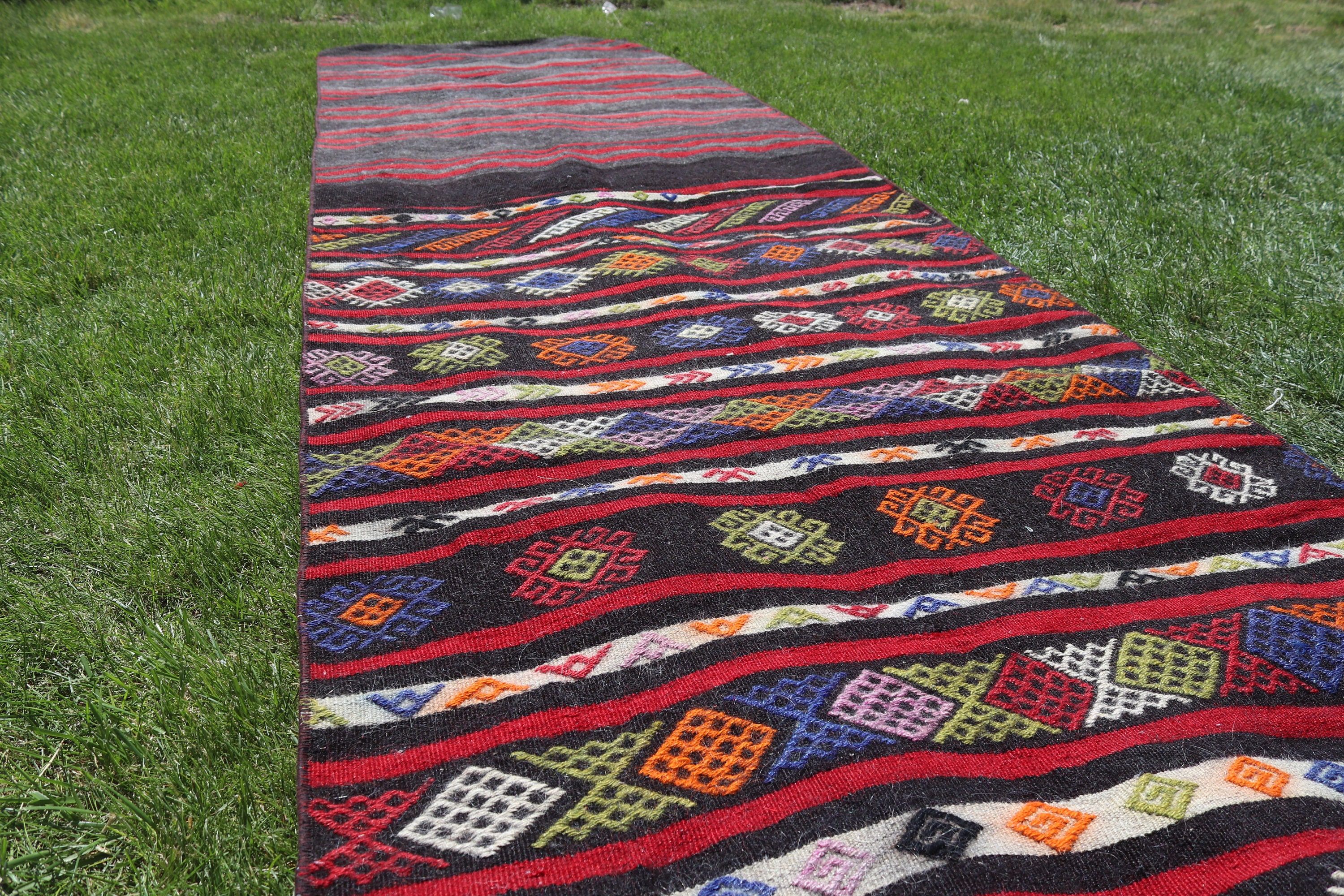 Floor Rug, Anatolian Rug, Stair Rug, Turkish Rug, 3.1x11 ft Runner Rug, Kitchen Rugs, Kilim, Black Boho Rugs, Vintage Rugs, Home Decor Rug