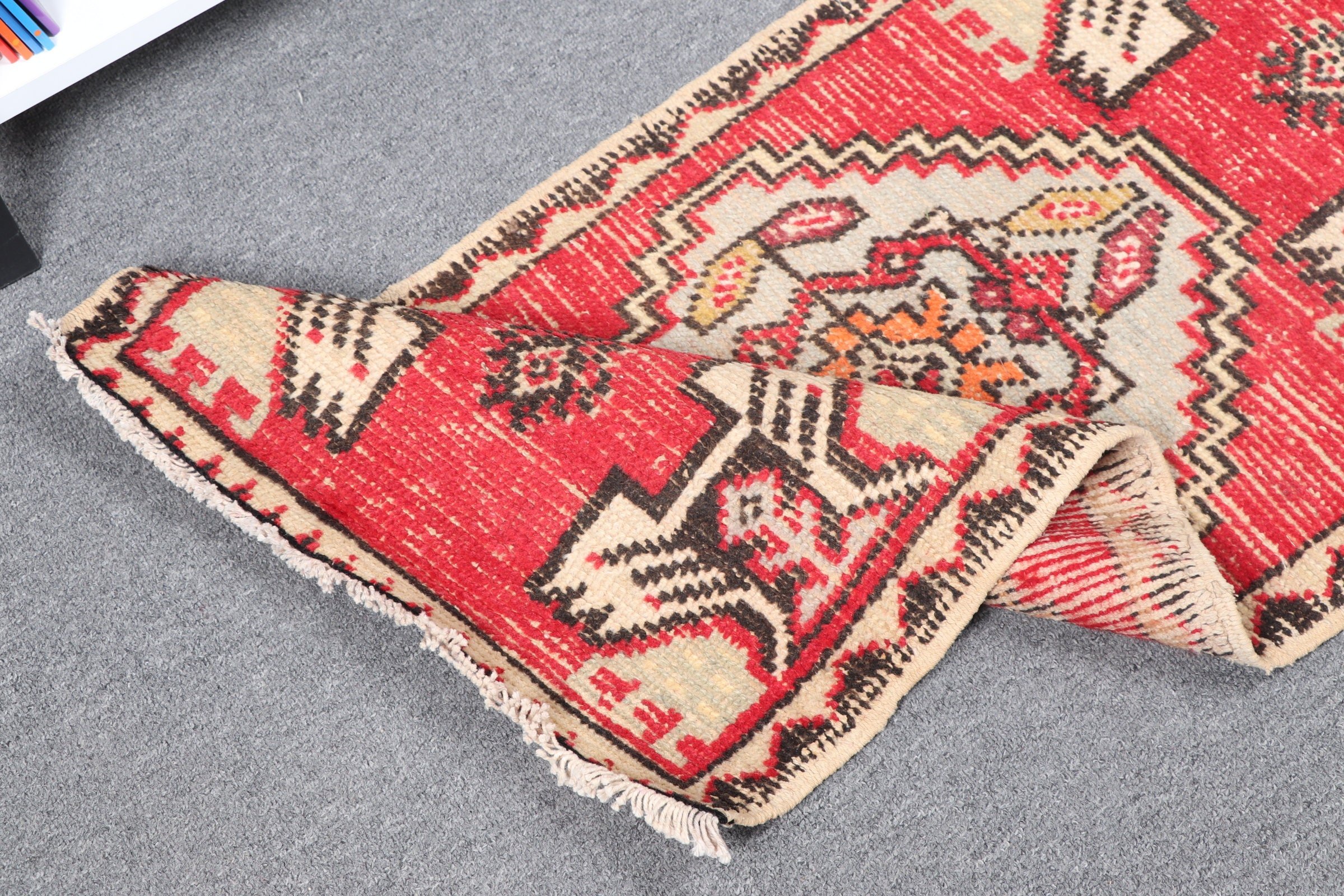 Vintage Rugs, Wool Rugs, Entry Rug, Rugs for Bathroom, Door Mat Rug, Red Floor Rug, 1.7x3 ft Small Rug, Pale Rug, Turkish Rug