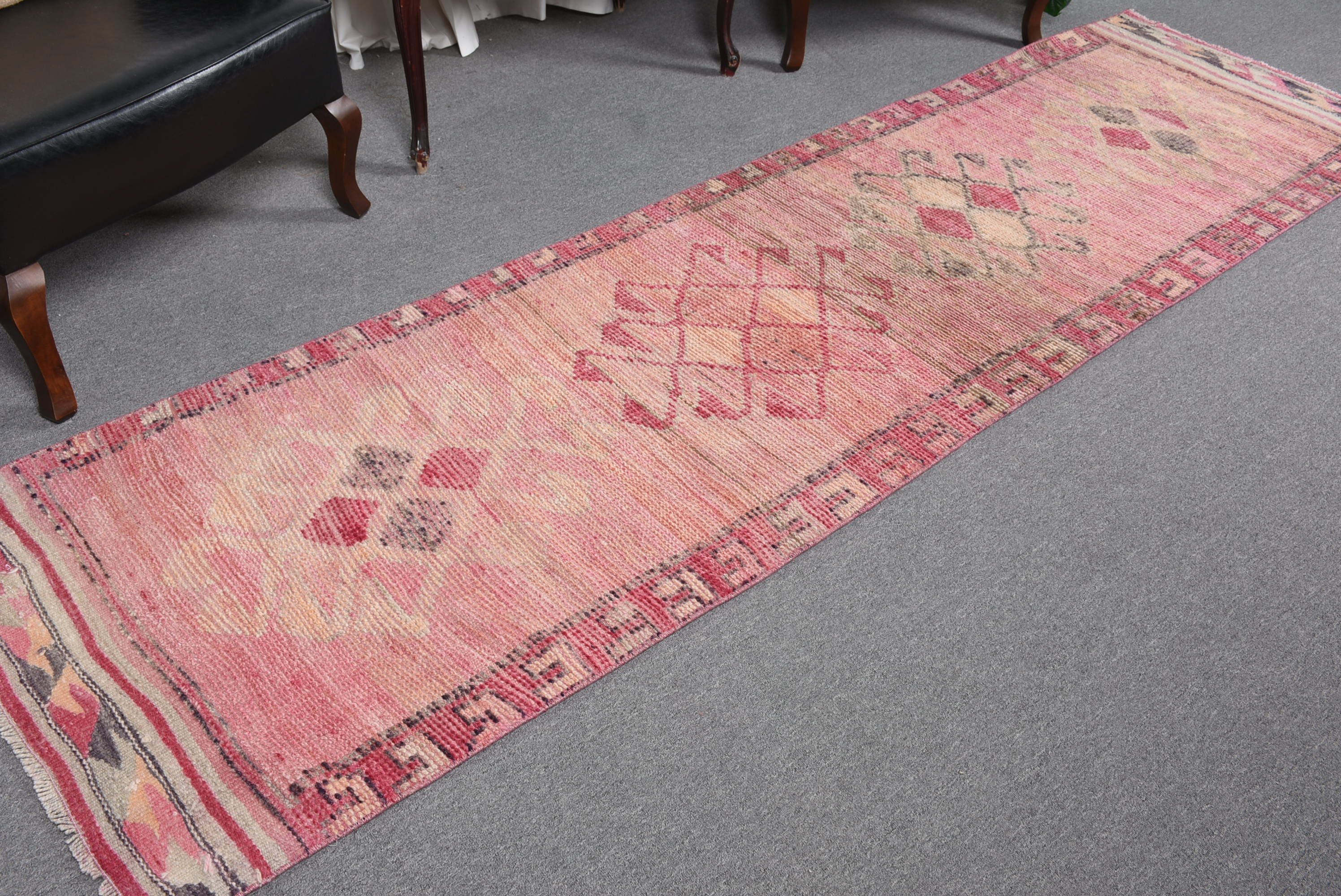 Havalı Halı, Pembe Oushak Halı, Vintage Halı, 2.8x10.1 ft Runner Halıları, Türk Halısı, Runner Halıları, Koridor Halısı, Yün Halıları, Mutfak Halısı