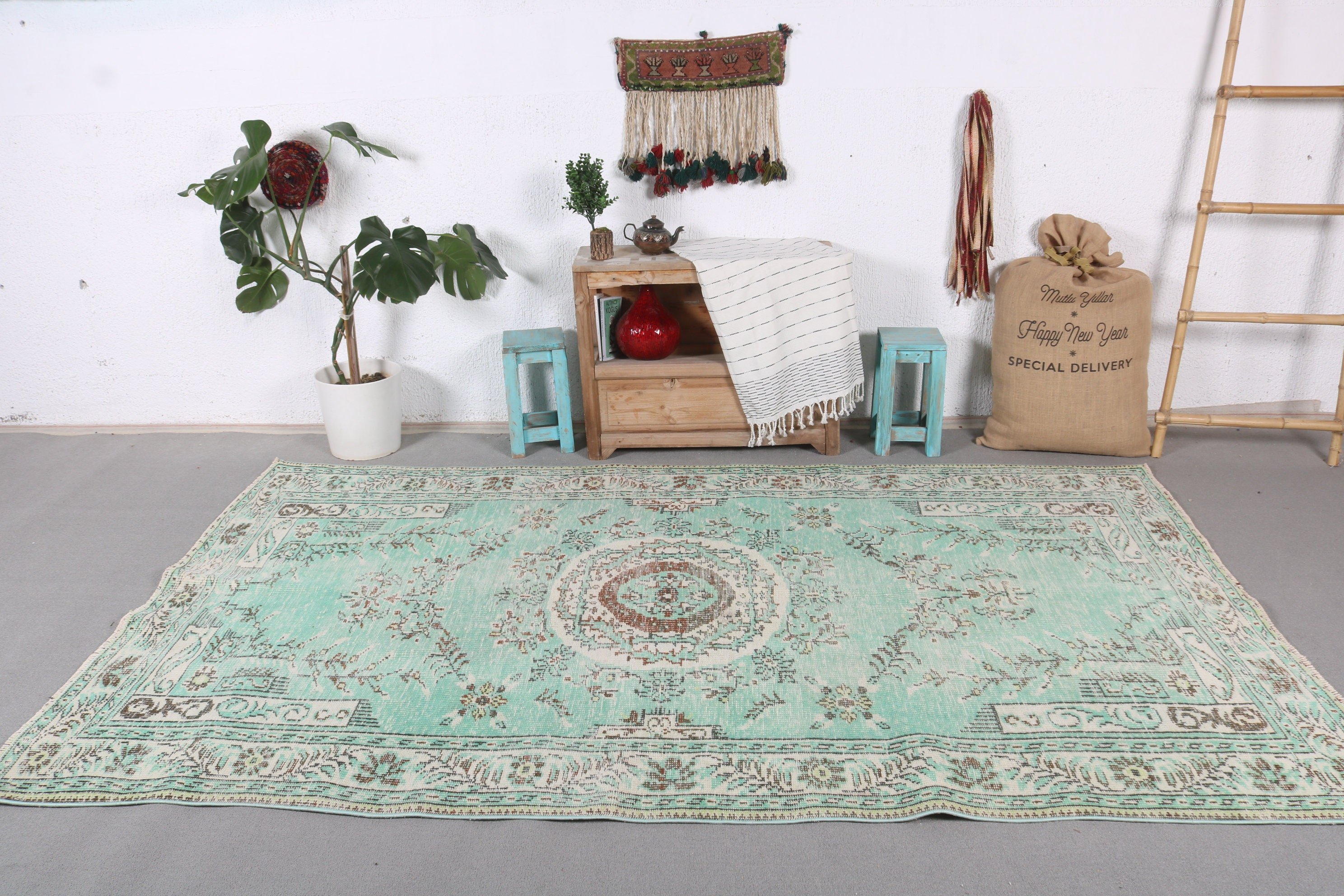 Yün Halı, Yatak Odası Halısı, Yeşil Soğuk Halılar, Fas Halıları, Oturma Odası Halıları, Türk Halıları, Salon Halısı, Vintage Halı, 5.3x9 ft Büyük Halı