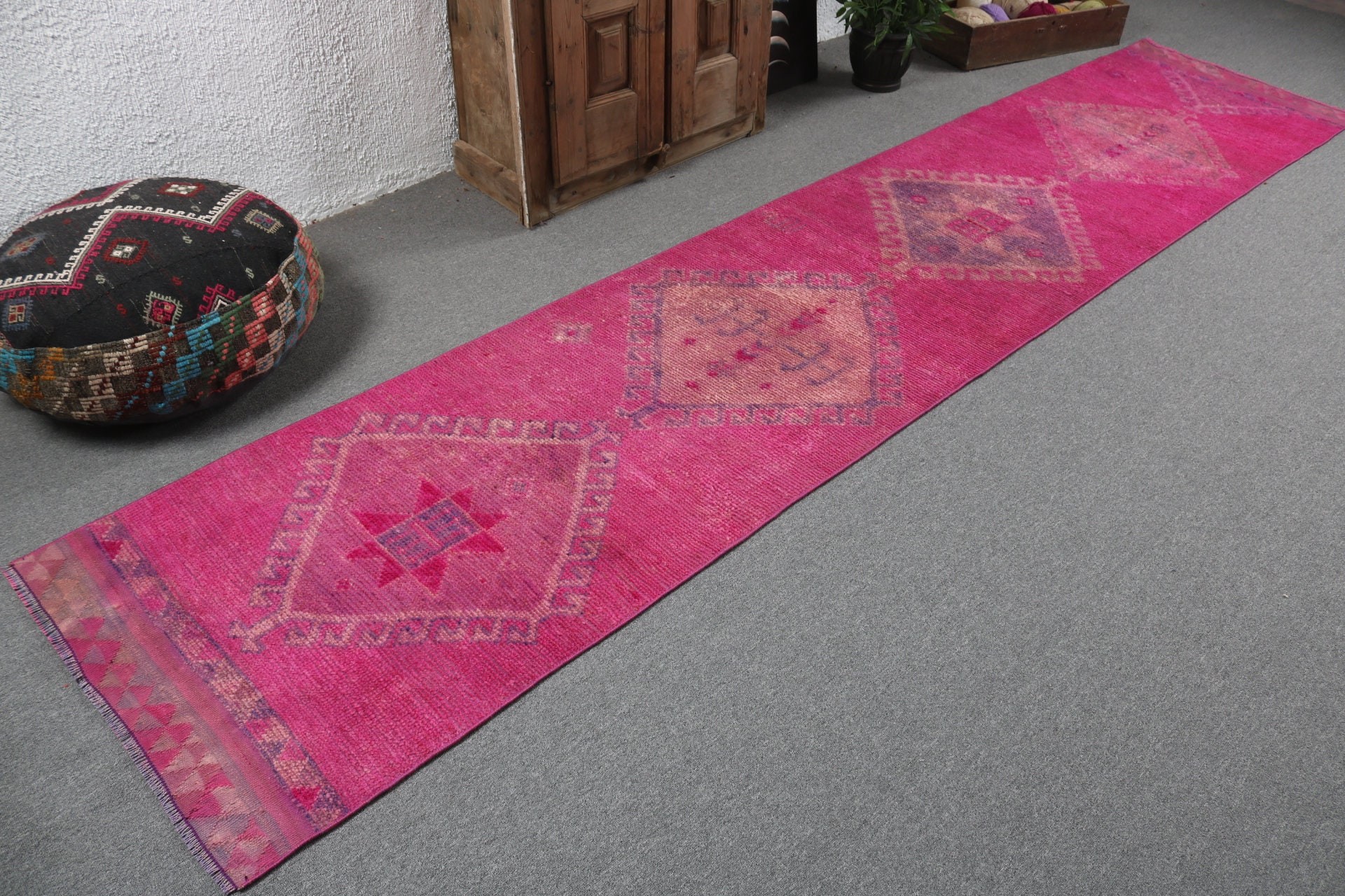 Türk Halısı, Pembe Düz Dokuma Halılar, Oryantal Halılar, Koridor Halıları, Koridor Halısı, 2,6x12,5 ft Runner Halısı, Boho Halısı, Vintage Halılar