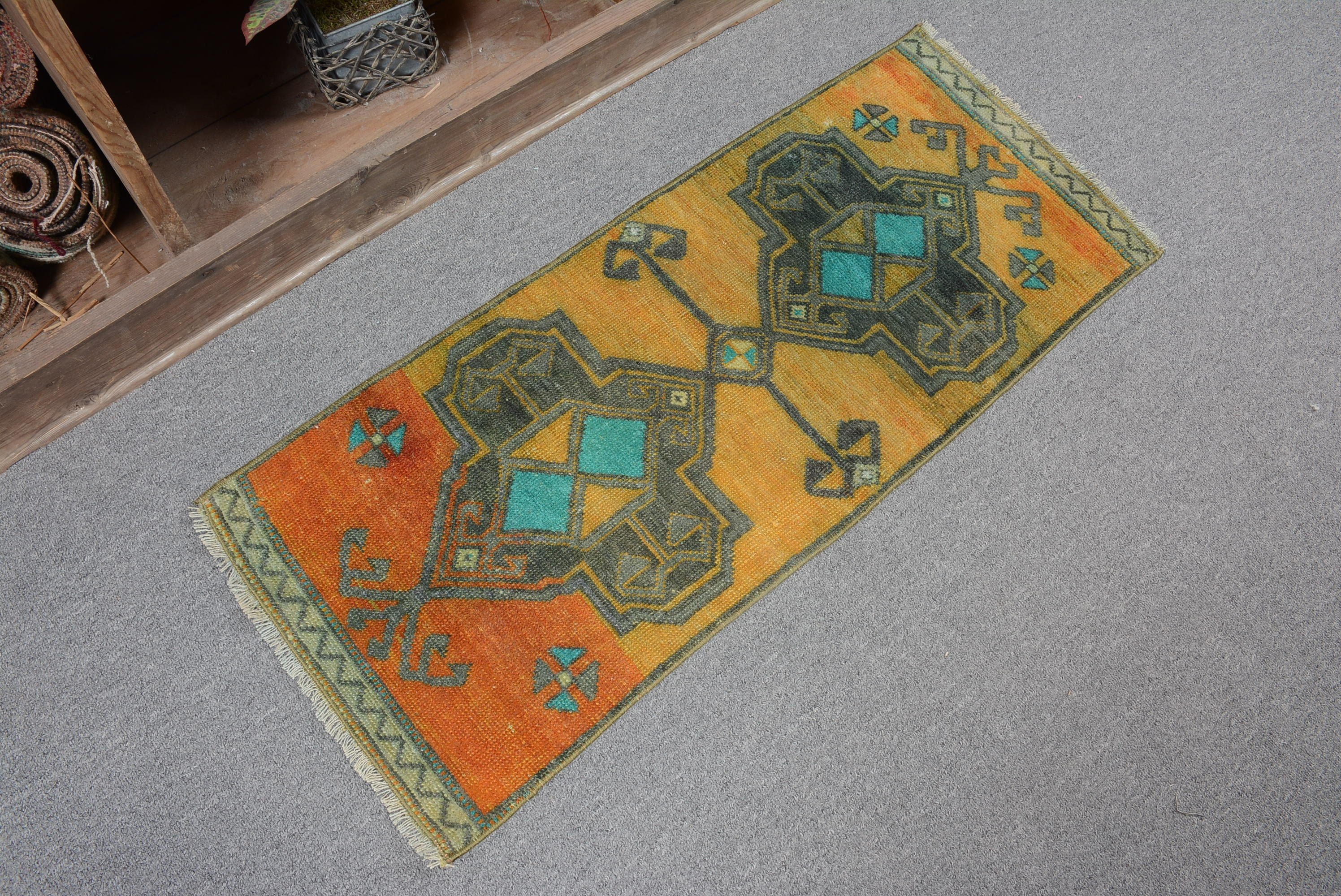 Car Mat Rug, Turkish Rug, Oriental Rugs, Bath Rug, Vintage Rug, 1.2x3.1 ft Small Rug, Bath Mat Cute Rug, Blue Home Decor Rugs