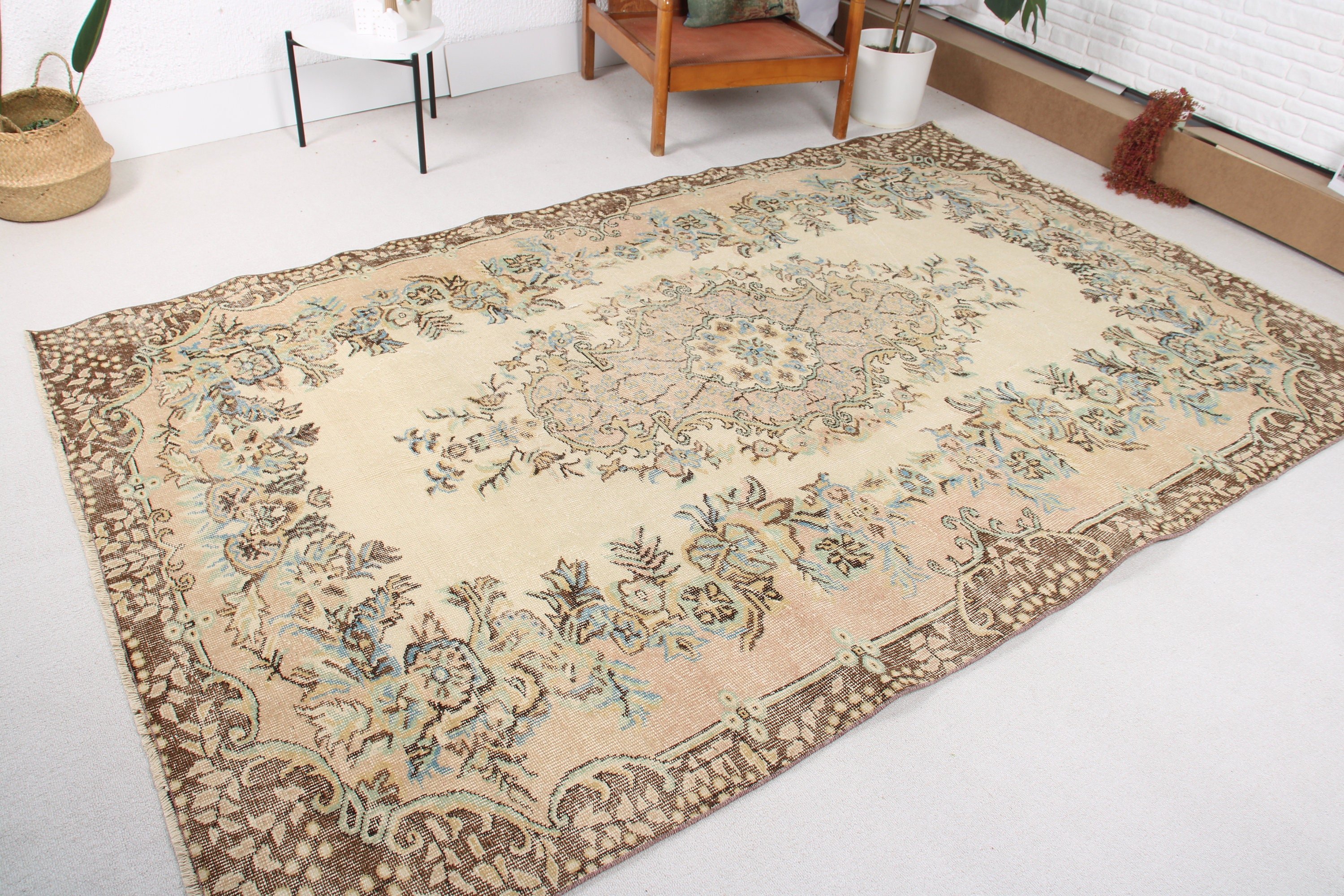 Büyük Boho Halı, Vintage Halılar, Salon Halıları, Bej El Dokuma Halı, Türk Halısı, Mutfak Halısı, El Dokuma Halılar, 5,9x9,2 ft Büyük Halı, Sanatsal Halı