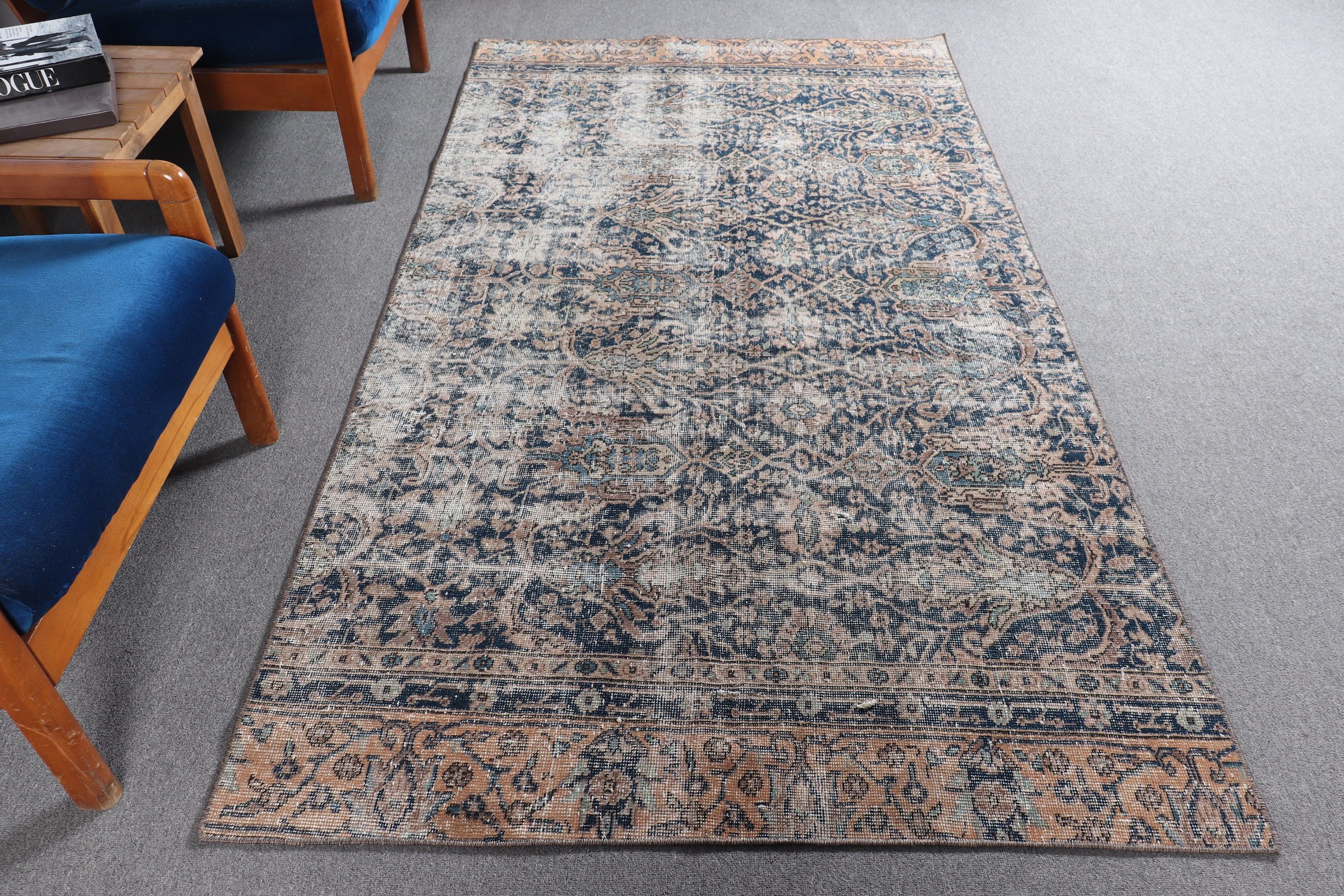 Indoor Rug, Oushak Rug, Vintage Rugs, Blue Kitchen Rug, Rugs for Dining Room, Floor Rug, 4.1x7.5 ft Area Rug, Turkish Rugs, Office Rug