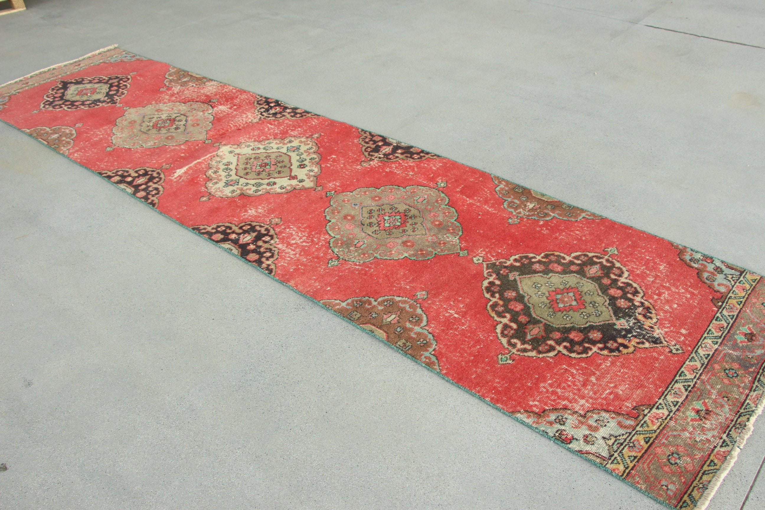 Boho Rug, Turkish Rugs, Cool Rugs, 3x12.5 ft Runner Rug, Vintage Rug, Red Neutral Rug, Rugs for Hallway, Kitchen Rug, Hallway Rugs