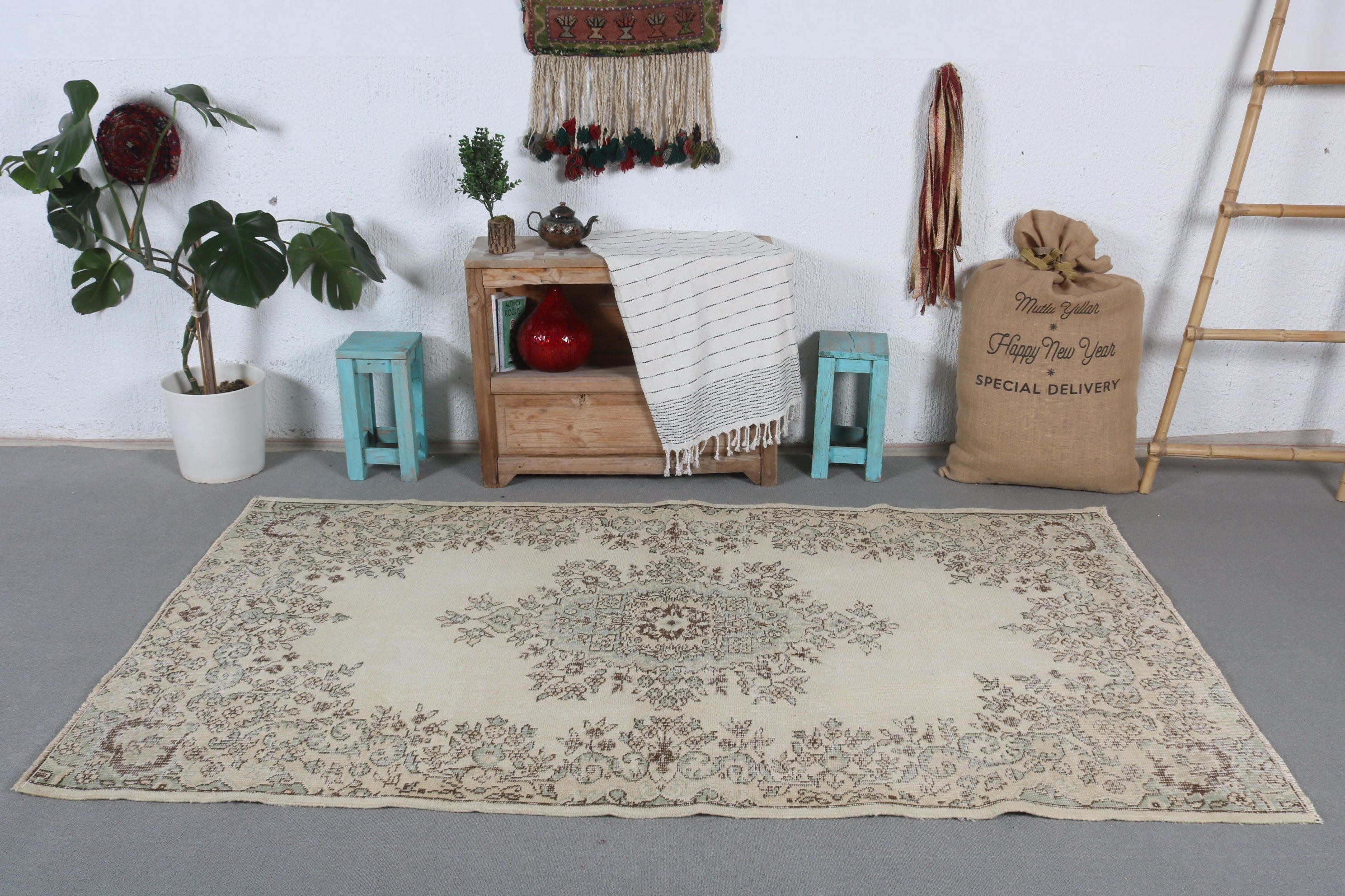 Custom Rugs, Turkish Rugs, Vintage Rug, Rugs for Area, Nursery Rug, Indoor Rug, Cool Rug, Wool Rug, Beige Moroccan Rug, 4.1x7.3 ft Area Rug