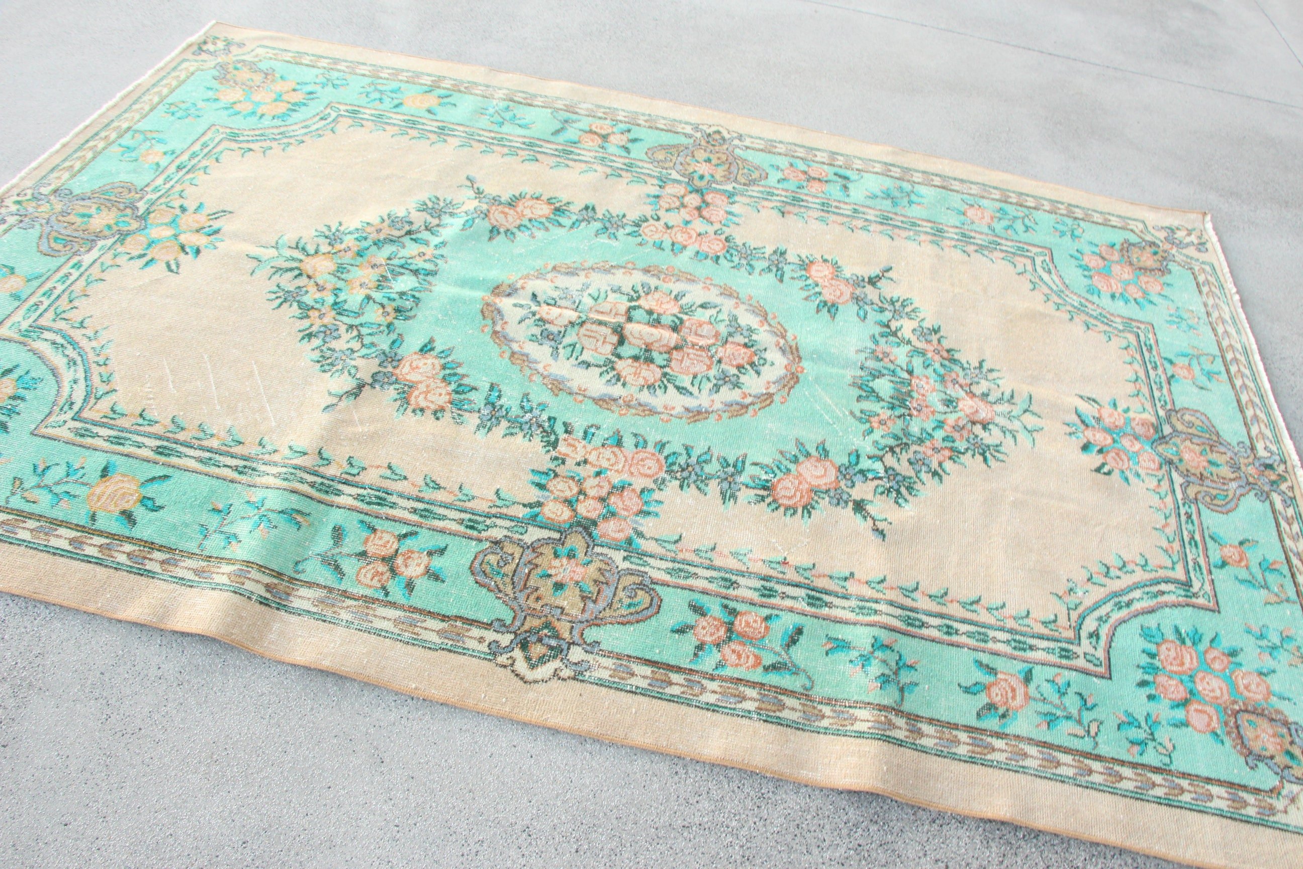 Living Room Rugs, 5.5x8.3 ft Large Rug, Turkish Rug, Neutral Rug, Green Statement Rug, Vintage Rugs, Large Oushak Rugs, Oriental Rugs