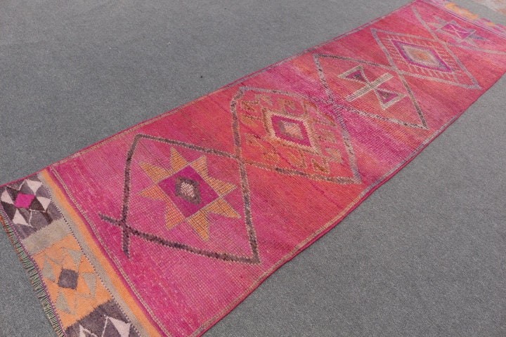 Turkish Rug, Vintage Rug, Rugs for Stair, Wool Rug, Kitchen Rug, 3x11.4 ft Runner Rug, Corridor Rug, Anatolian Rug, Pink Oriental Rug