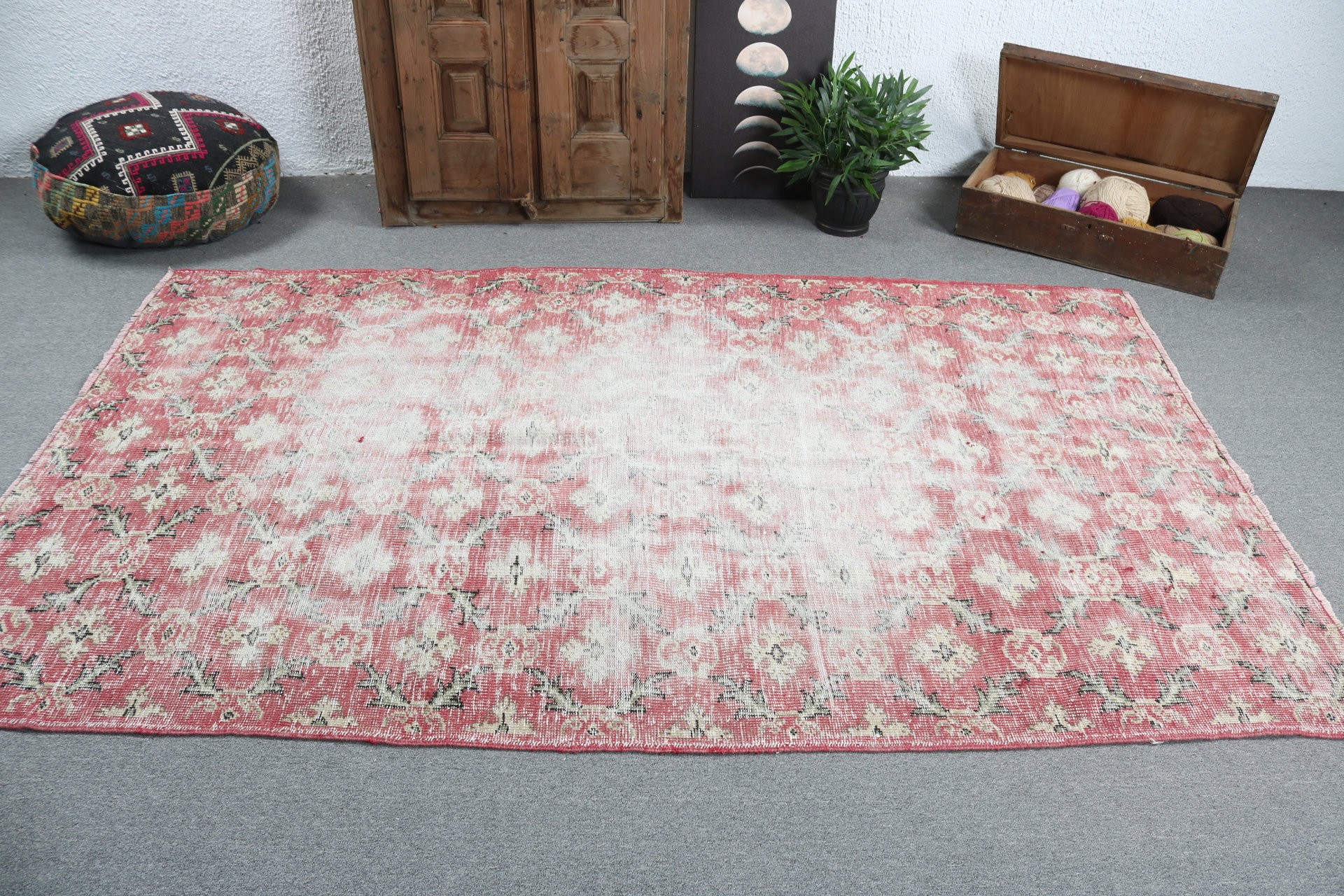 Açıklama Kilimi, El Dokuma Halı, Yemek Odası Halıları, Vintage Halı, Aztek Halısı, Türk Halısı, Kırmızı Antika Halılar, 5.1x8.2 ft Büyük Halı, Yatak Odası Halısı