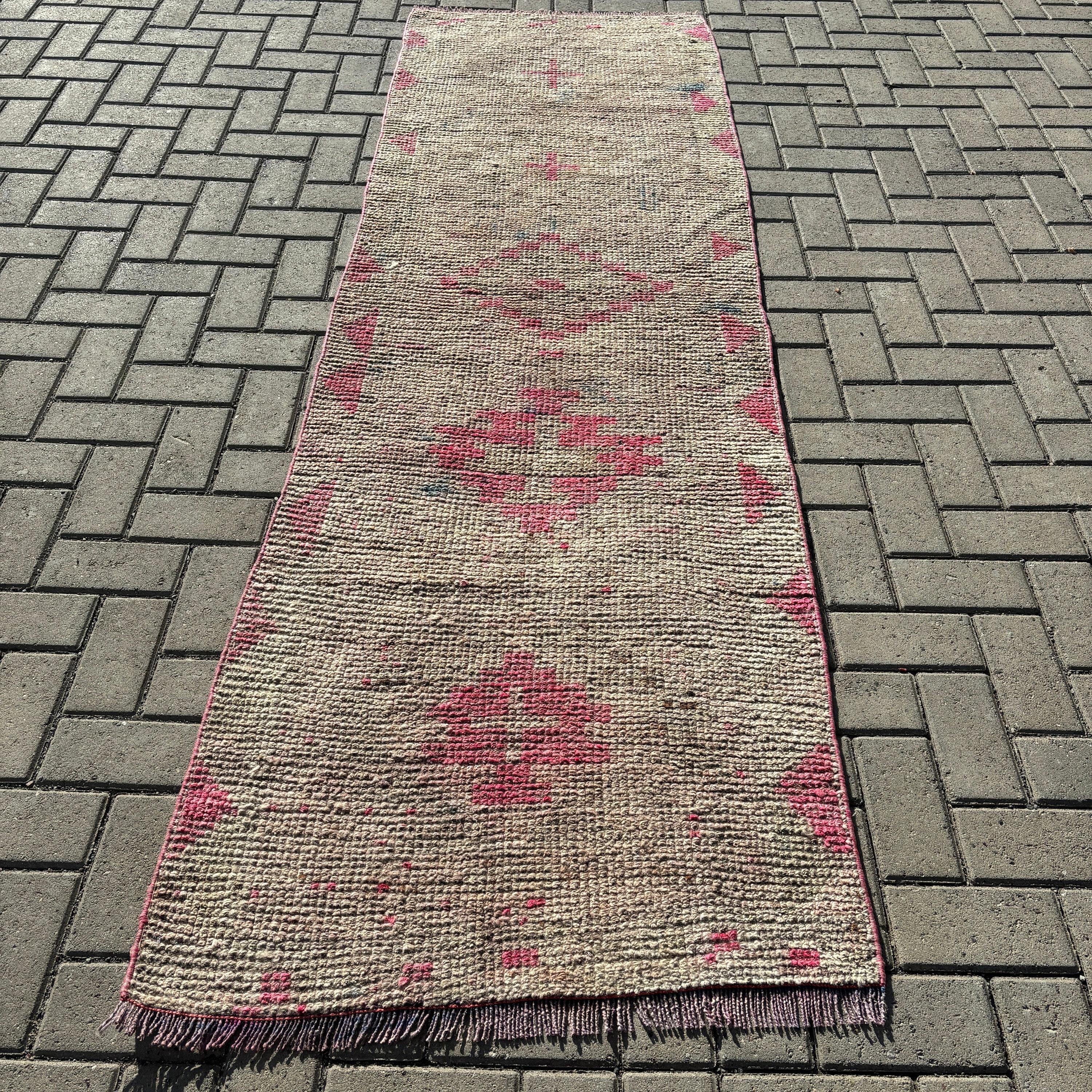 Vintage Runner Halı, Vintage Halı, Bej Geometrik Halılar, Türk Halıları, Boho Halıları, Fas Halısı, 2.6x8.4 ft Runner Halısı