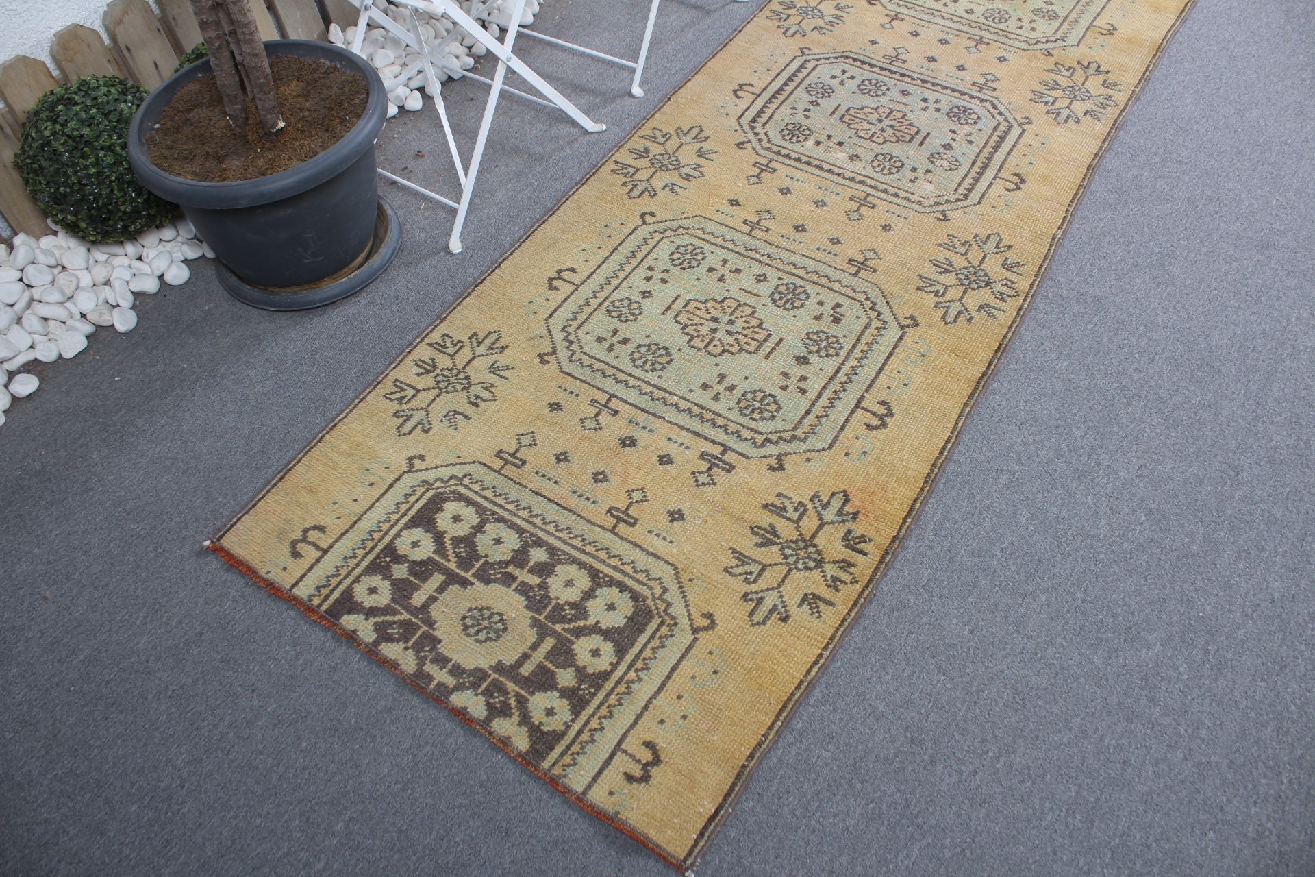 Vintage Halı, Sarı Oryantal Halılar, Mutfak Halıları, Türk Halısı, Koridor Halısı, 2.7x10.3 ft Yolluk Halısı, Koridor Halıları