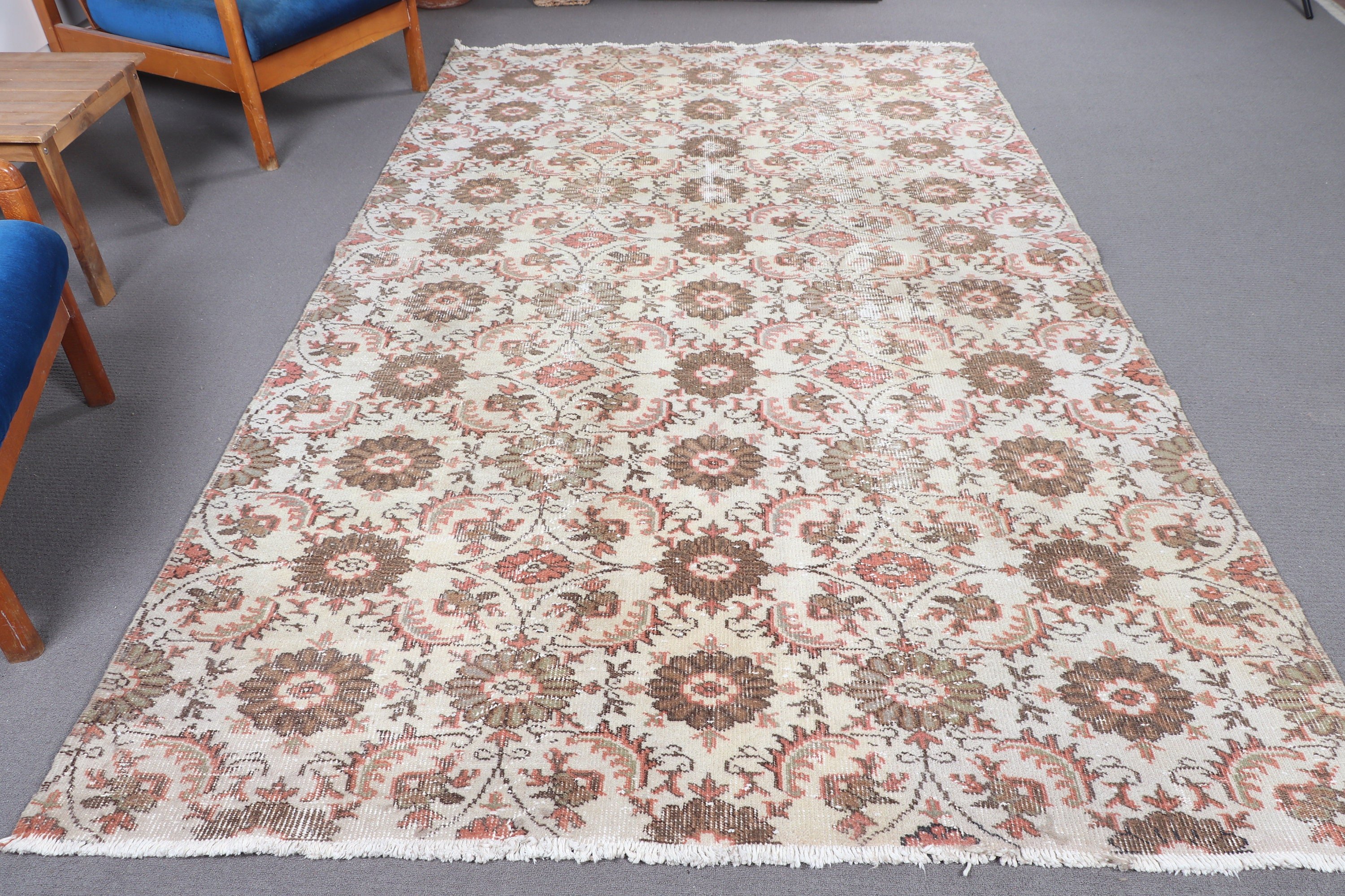 Yatak Odası Halısı, Bej Yatak Odası Halısı, 5.8x9.5 ft Büyük Halı, Büyük Boho Halıları, Türk Halısı, Büyük Oushak Halıları, Düz Dokuma Halısı, Vintage Halı