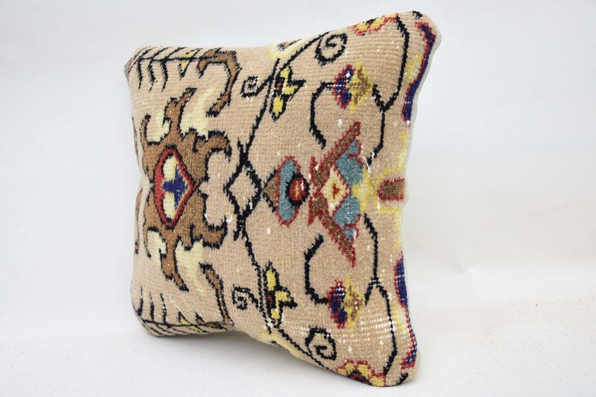 Throw Kilim Pillow, Knitted Cushion, Handmade Kilim Cushion, 12"x12" Beige Pillow Cover, Sofa Cushion Cover, Boho Pillow