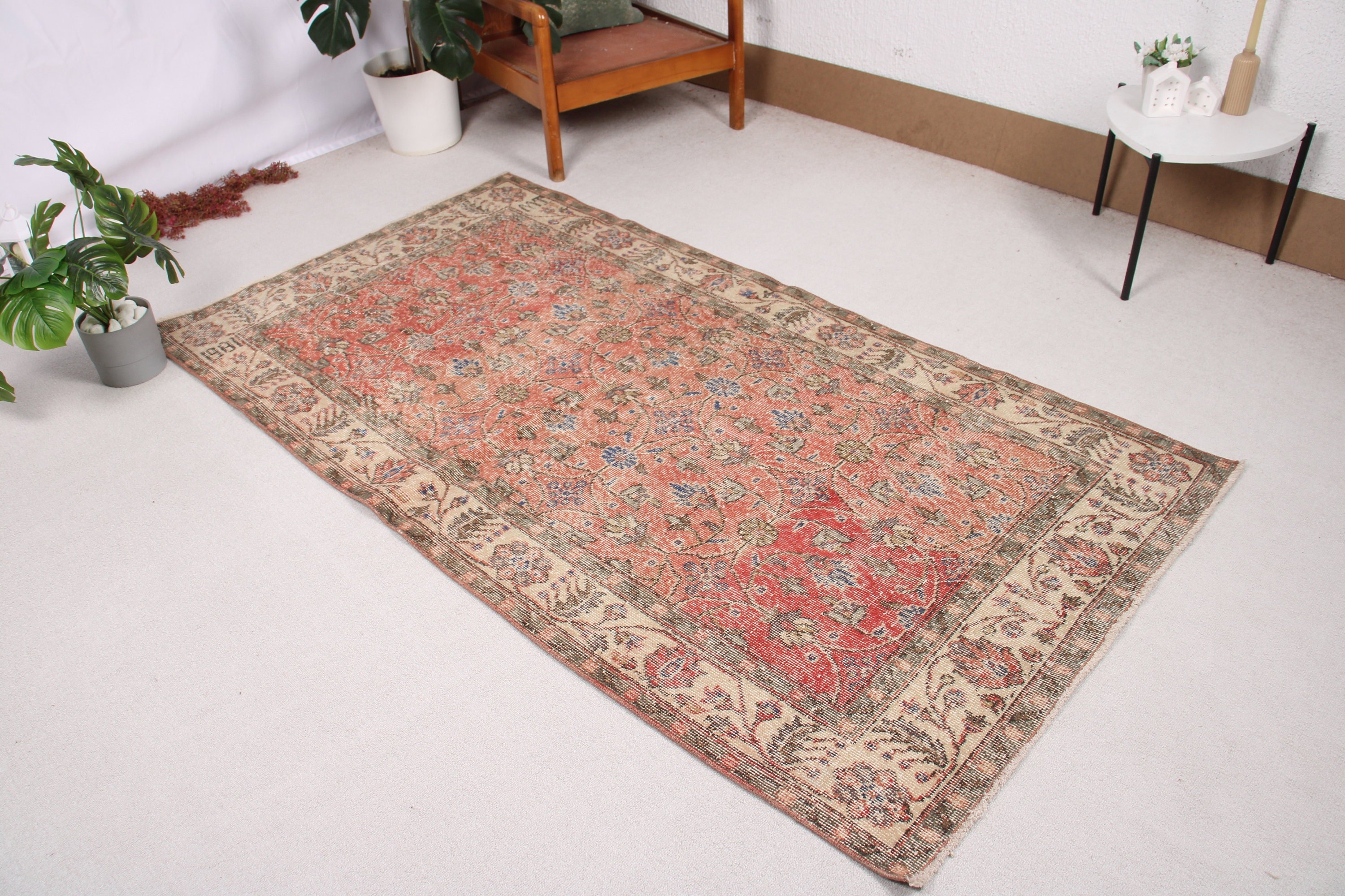 Turkish Rugs, Boho Rug, Vintage Rug, Wool Rug, Red Bedroom Rugs, Living Room Rugs, Rugs for Oushak Area, 3.7x7 ft Area Rugs, Handwoven Rugs