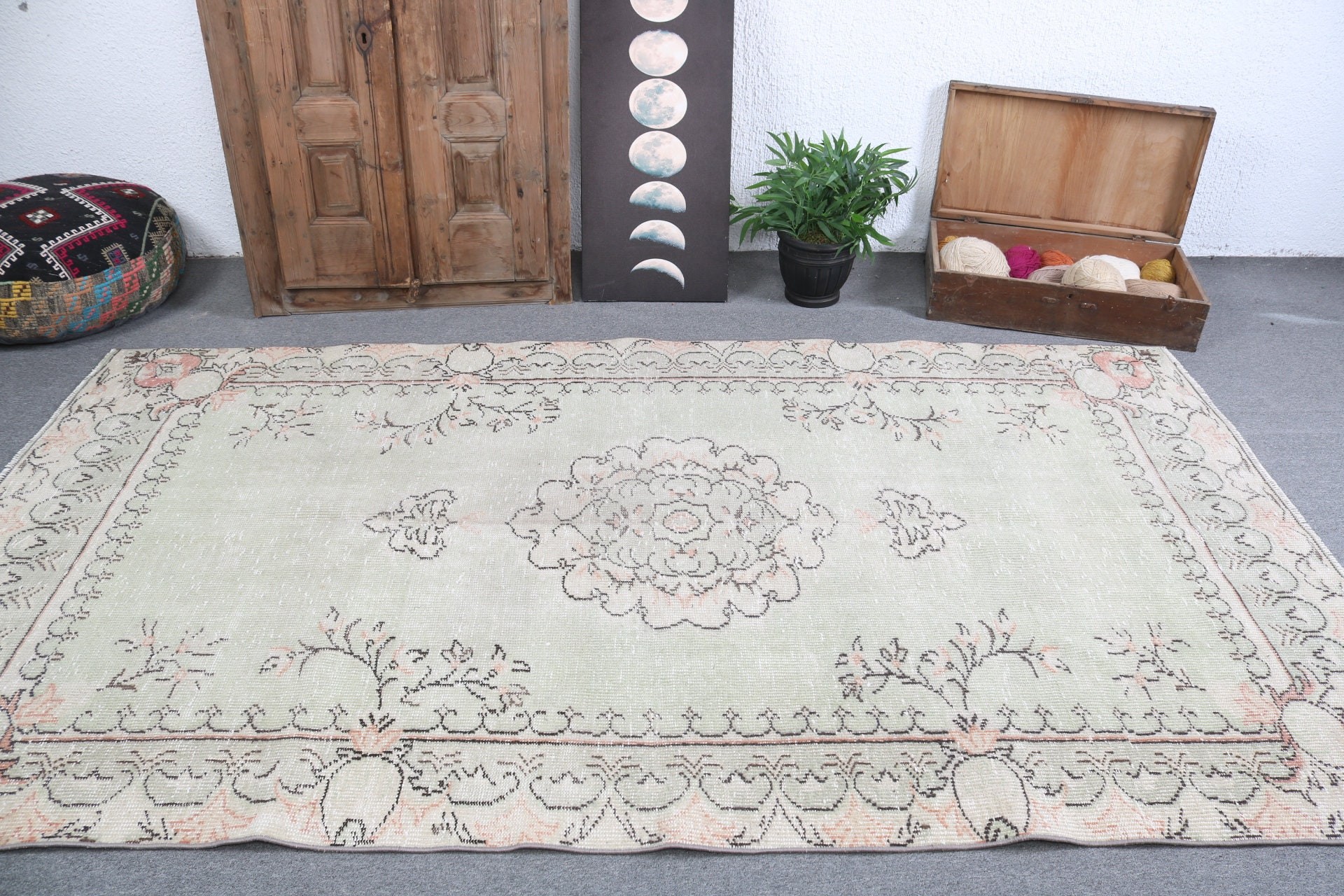 Büyük Oushak Halıları, Dekoratif Halı, Vintage Halılar, 5x9,1 ft Büyük Halı, Antika Halılar, Türk Halıları, Yatak Odası Halıları, Yeşil Boho Halı, Modern Halı