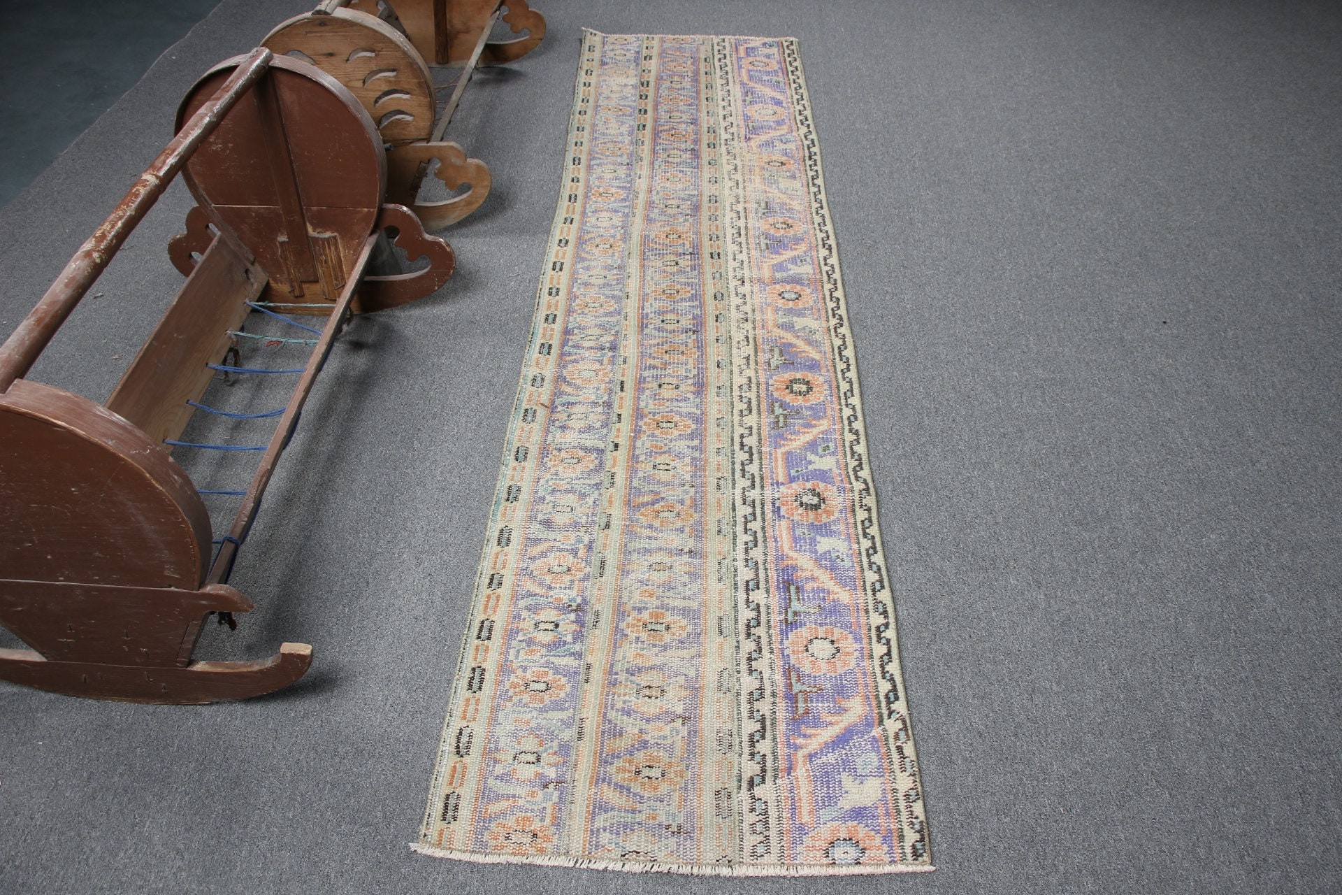 Vintage Halı, Havalı Halı, Soyut Halı, Merdiven Halıları, Ev Dekorasyonu Halısı, Mavi Ev Dekoru Halısı, 2.1x8.7 ft Yolluk Halısı, Türk Halısı, Mutfak Halısı