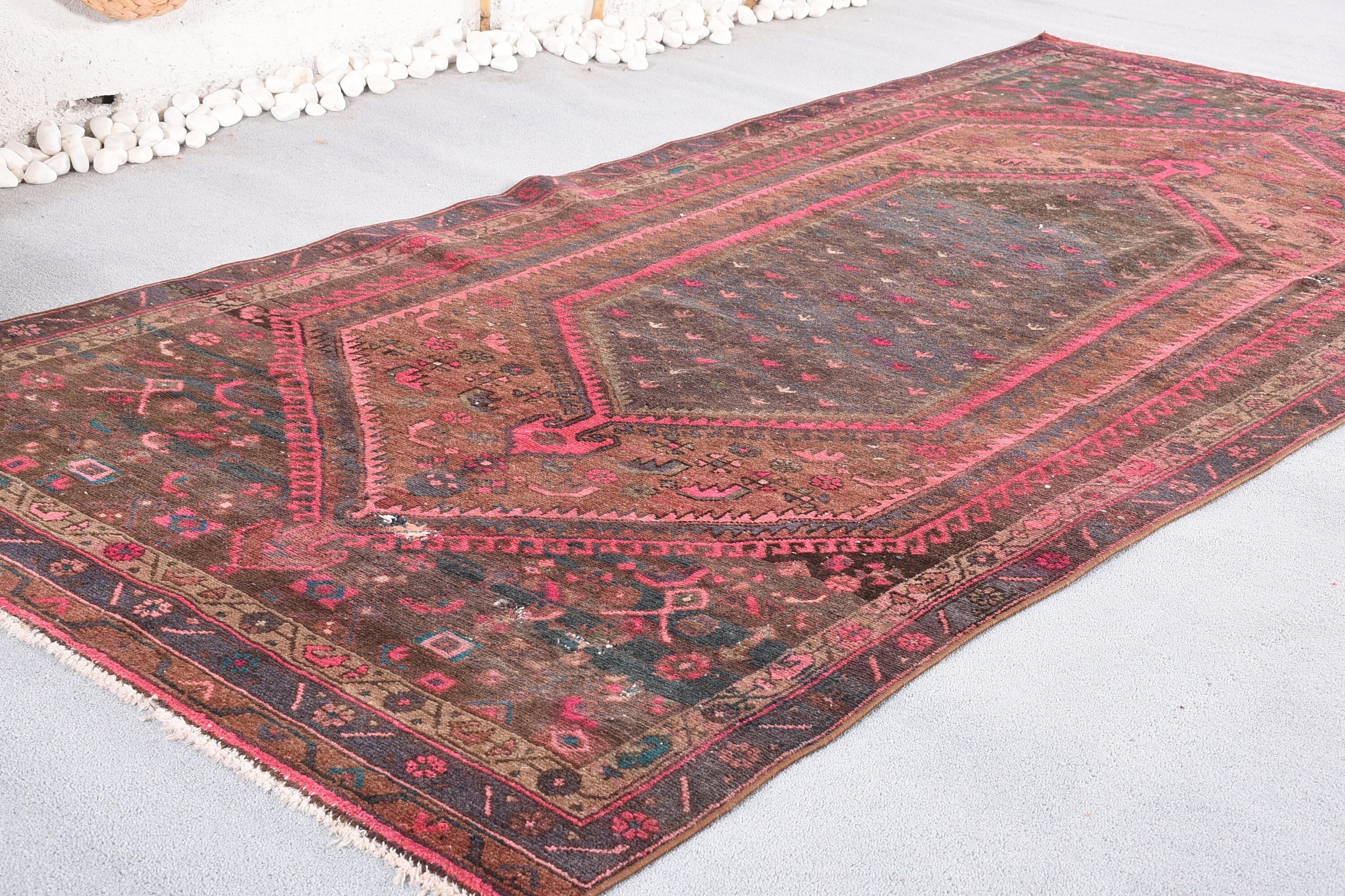 Kahverengi Antika Halı, Vintage Halı, Oturma Odası Halıları, Yün Halı, 4,3x9,4 ft Büyük Halılar, Salon Halıları, Türk Halıları, Salon Halısı, Oryantal Halı