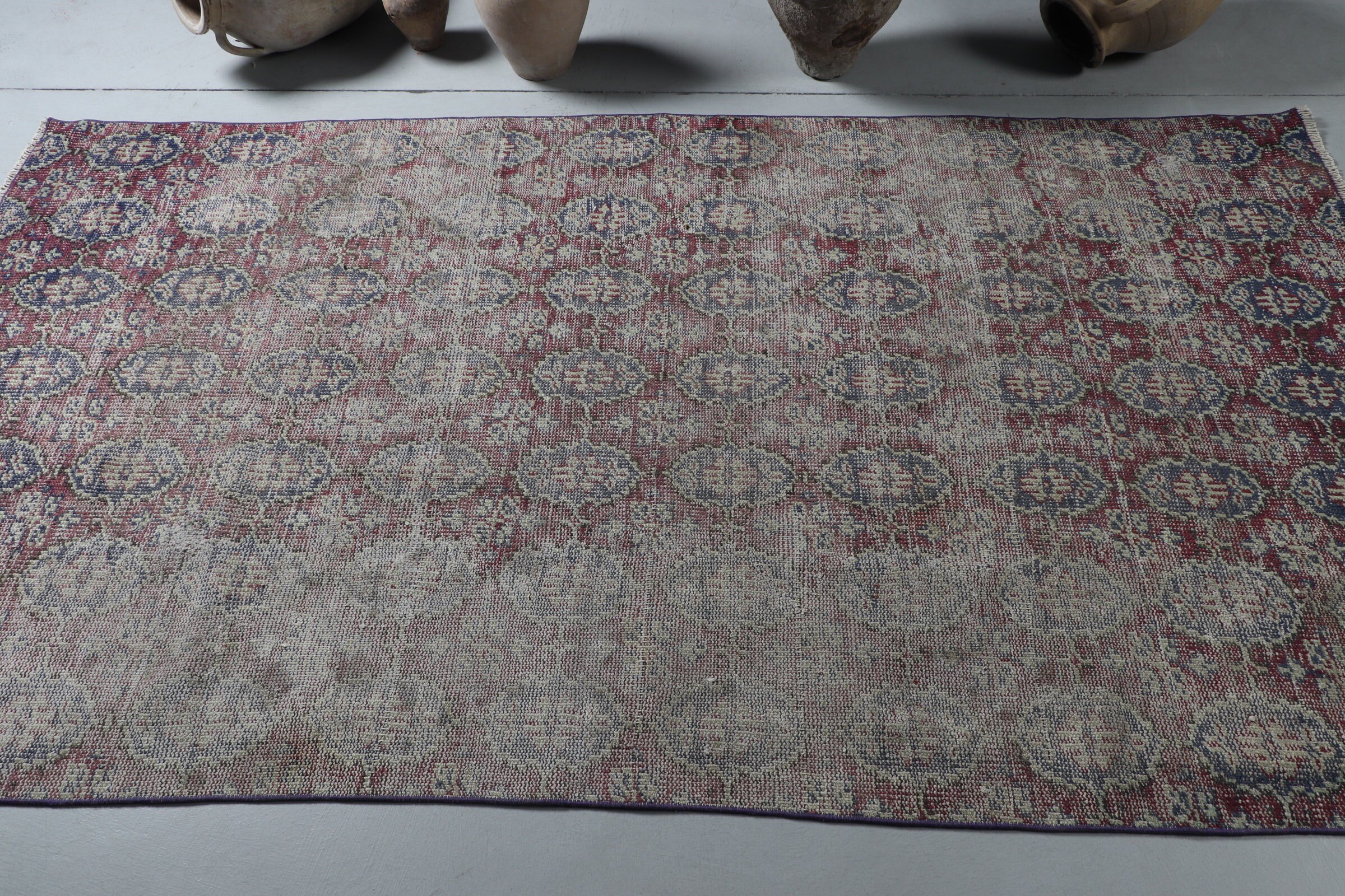 Yer Halısı, İç Mekan Halısı, 4.4x7.9 ft Alan Halısı, Vintage Halı, Yün Halı, Kırmızı Oushak Halı, Türk Halısı, Eski Halı, Oturma Odası Halıları