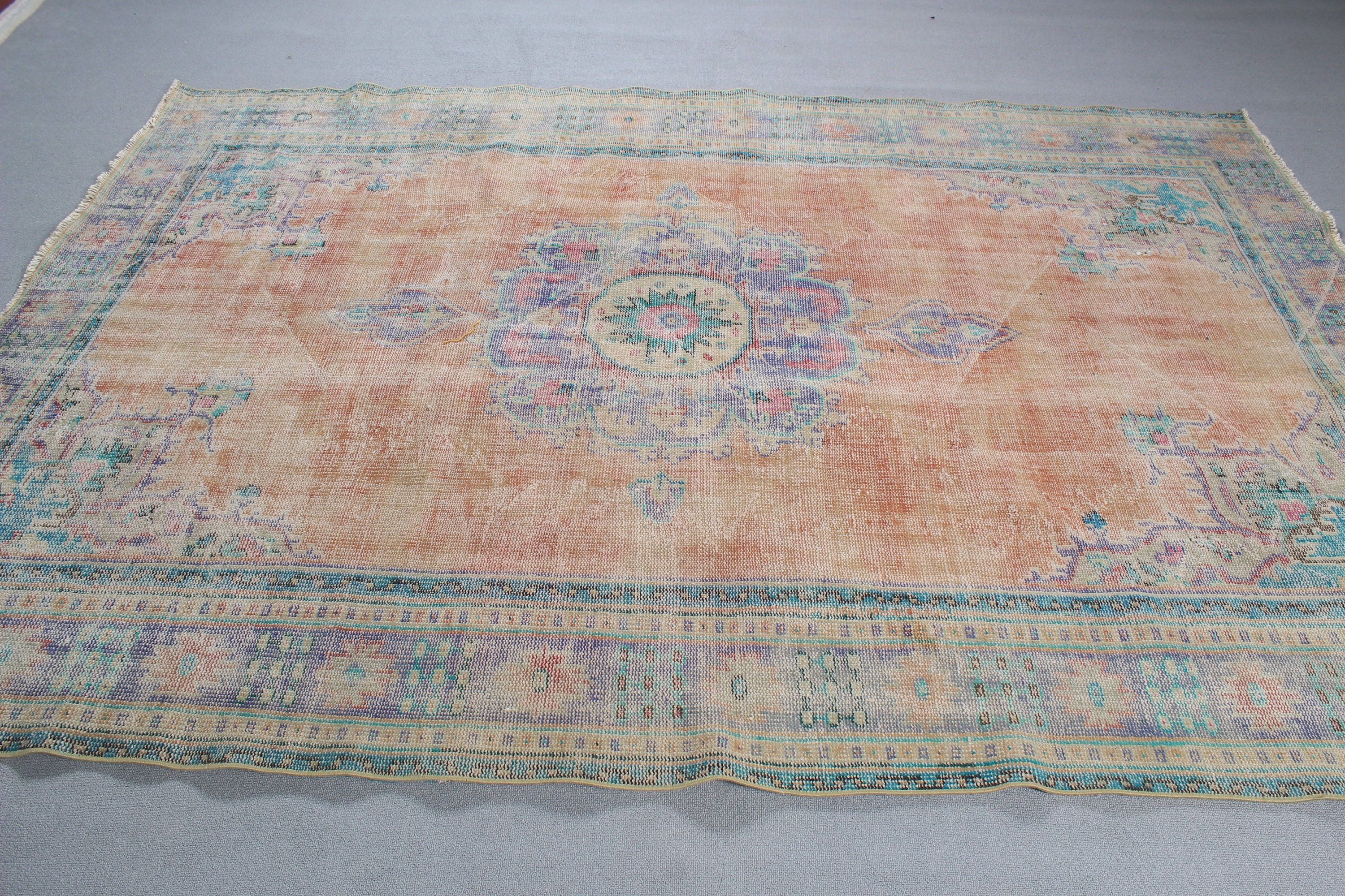 Türk Halısı, Büyük Boho Halıları, Yemek Odası Halısı, Etnik Halı, Vintage Halı, Sarı Oushak Halısı, Oushak Halısı, Bildiri Halısı, 6,4x9,2 ft Büyük Halılar