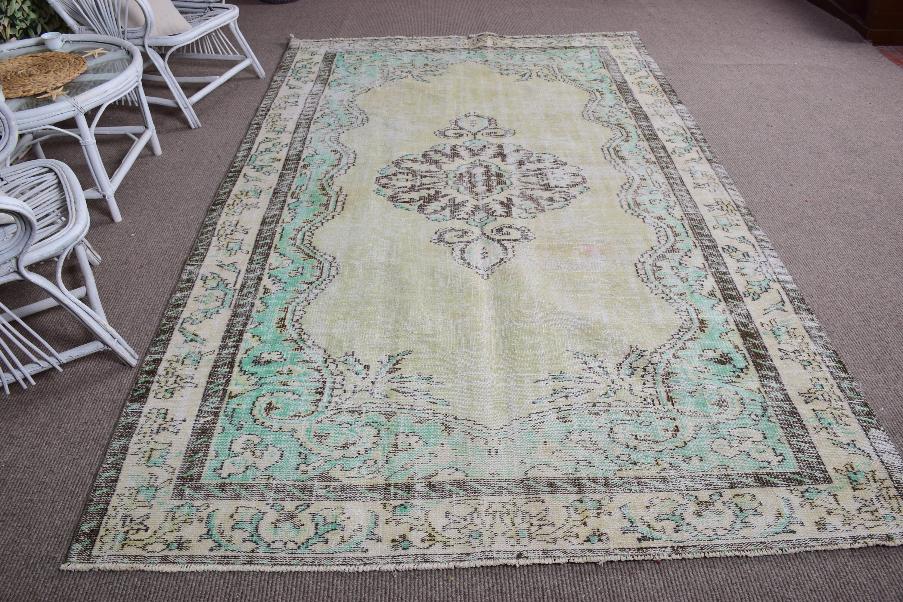 Türkiye Halısı, Büyük Boho Halıları, Yer Halısı, Türk Halıları, 6x9.6 ft Büyük Halılar, Yatak Odası Halıları, Yeşil Soğuk Halılar, Vintage Halı, Büyük Oushak Halısı