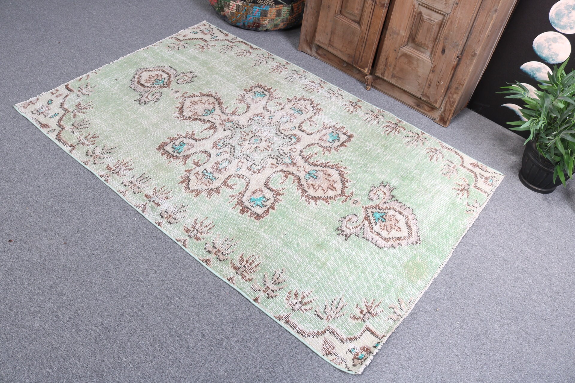 Exotic Rug, Turkish Rugs, Oushak Rugs, Green Oushak Rug, Nursery Rugs, Vintage Rug, Oriental Rug, 3.7x5.6 ft Accent Rugs, Kitchen Rugs