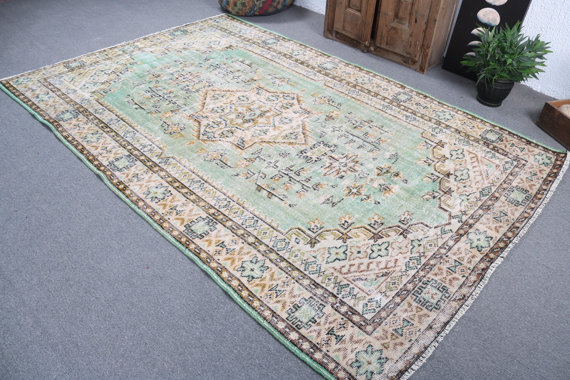 Boho Halı, Yeşil Yatak Odası Halısı, Salon Halıları, Oushak Halısı, Türk Halısı, Vintage Halı, Büyük Vintage Halılar, 6x9,2 ft Büyük Halılar, Lüks Halılar