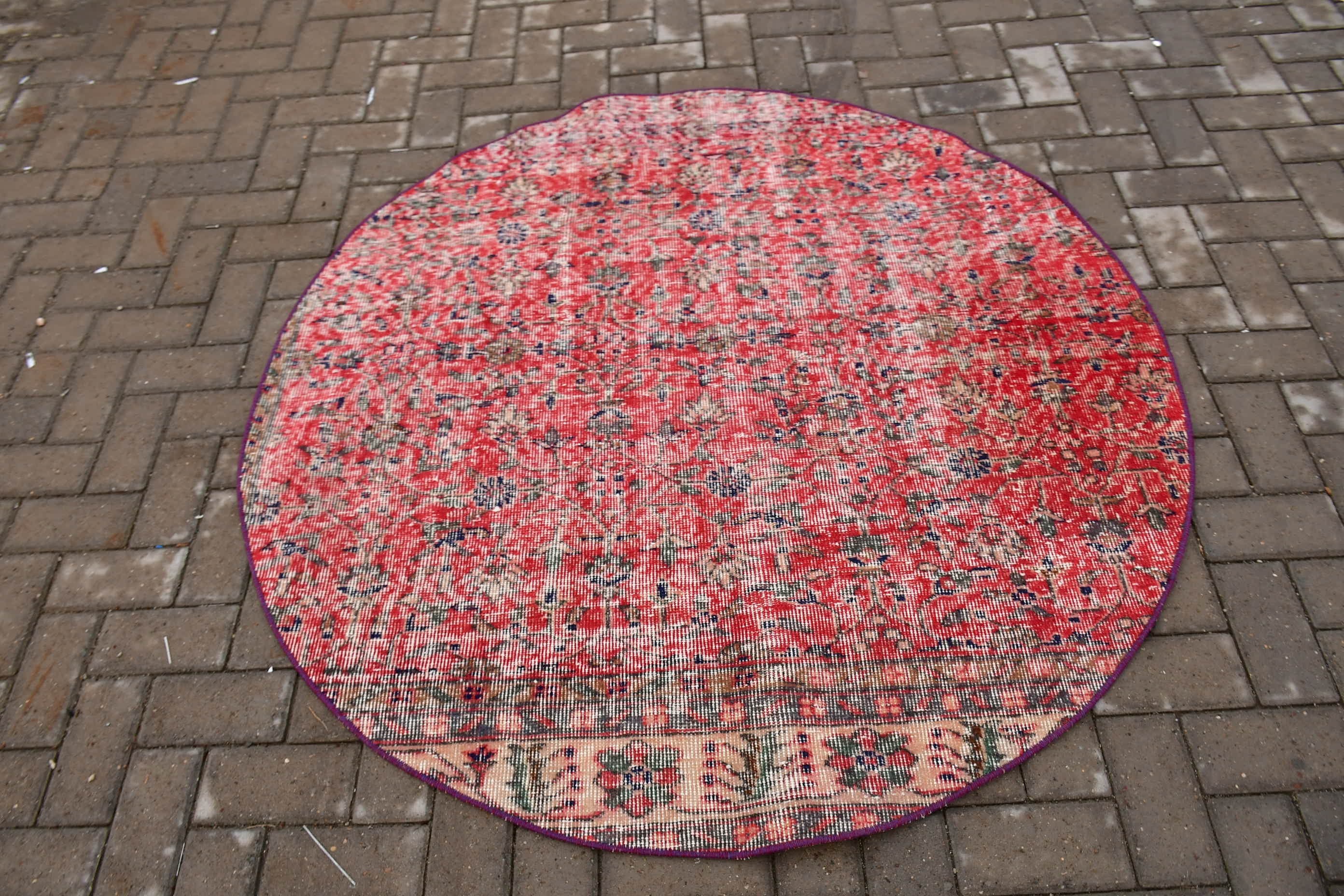 Entry Rug, 4.8x4.8 ft Accent Rug, Pale Rug, Turkish Rug, Oushak Rug, Red Oushak Rug, Vintage Rug, Bedroom Rug, Rugs for Entry, Floor Rug