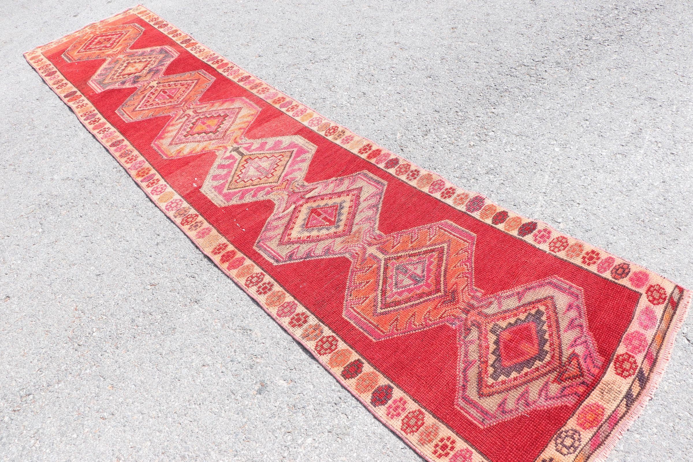 Floor Rug, Turkish Rug, Old Rug, Kitchen Rug, Vintage Rugs, Dorm Rug, Rugs for Corridor, Oushak Rug, Red Cool Rug, 2.4x11.2 ft Runner Rugs