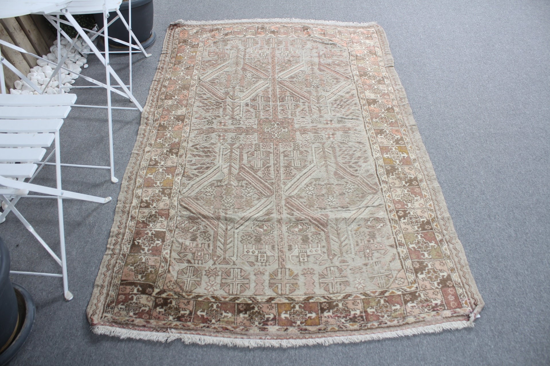 Bej Fas Halısı, Yemek Odası Halısı, Soğuk Halı, 4,1x6,4 ft Alan Halısı, Mutfak Halıları, Türk Halısı, Vintage Halılar, Bohem Halısı