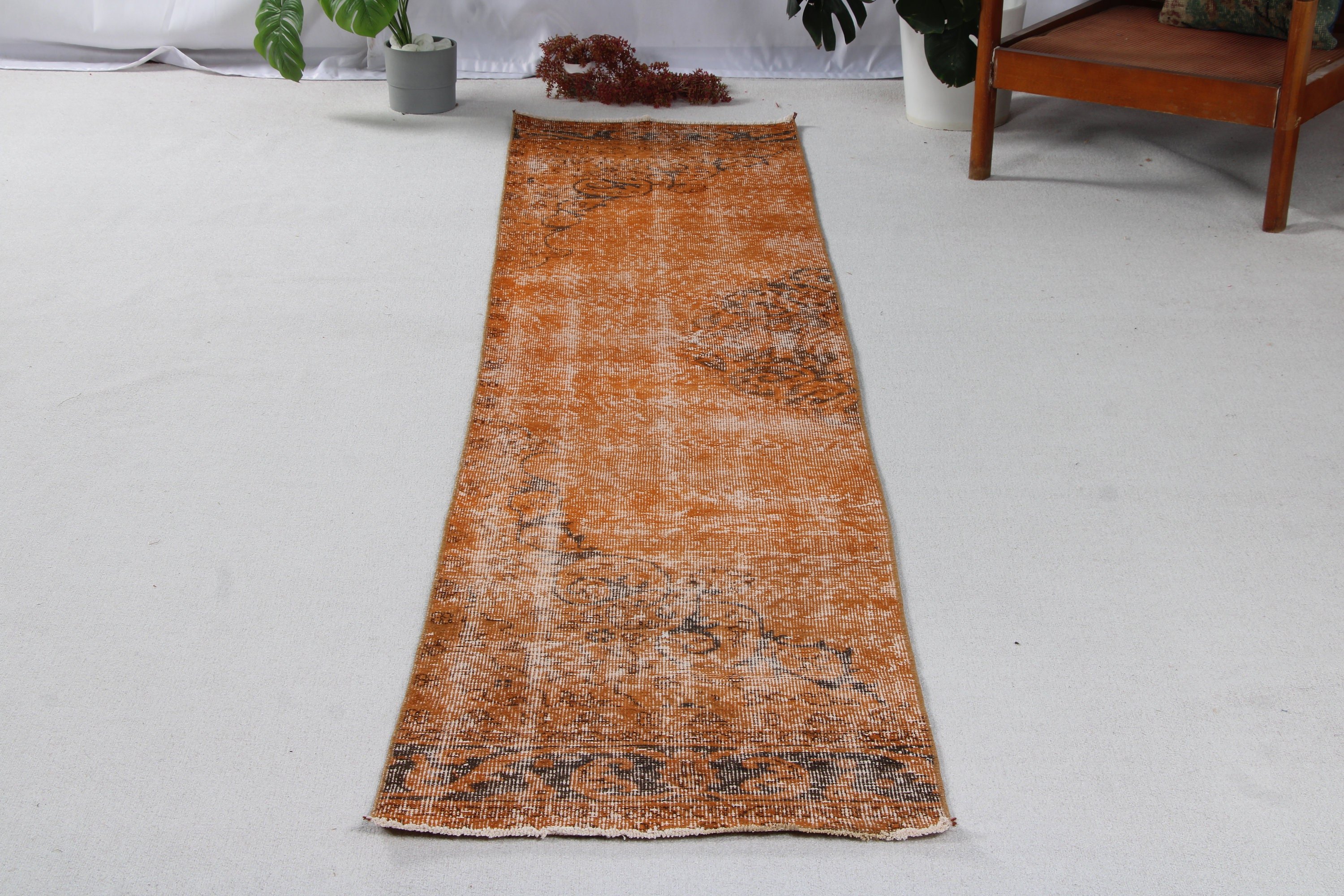 Hallway Rug, Neutral Rug, Beni Ourain Runner Rugs, Turkish Rug, Geometric Rugs, Orange Wool Rugs, 2.1x10 ft Runner Rugs, Vintage Rugs