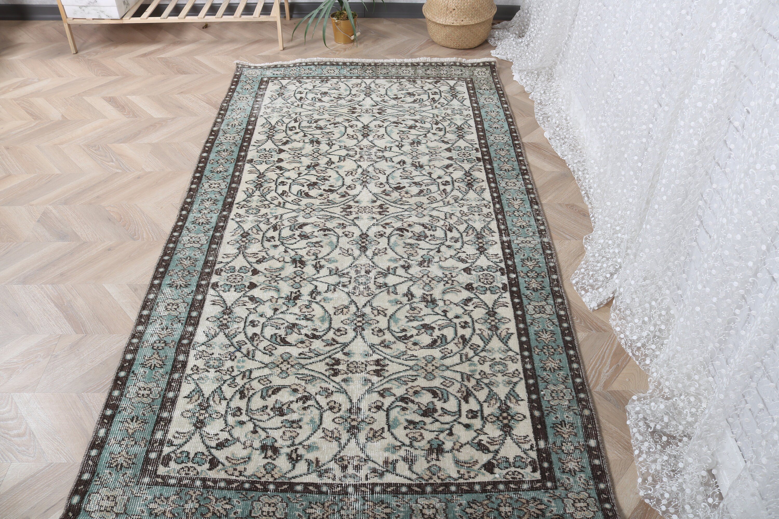 Bej Yün Halılar, 3,9x7,1 ft Alan Halısı, Oushak Halıları, İç Mekan Halısı, Vintage Halı, Türk Halıları, Oturma Odası Halıları, Havalı Halı, Yatak Odası Halıları