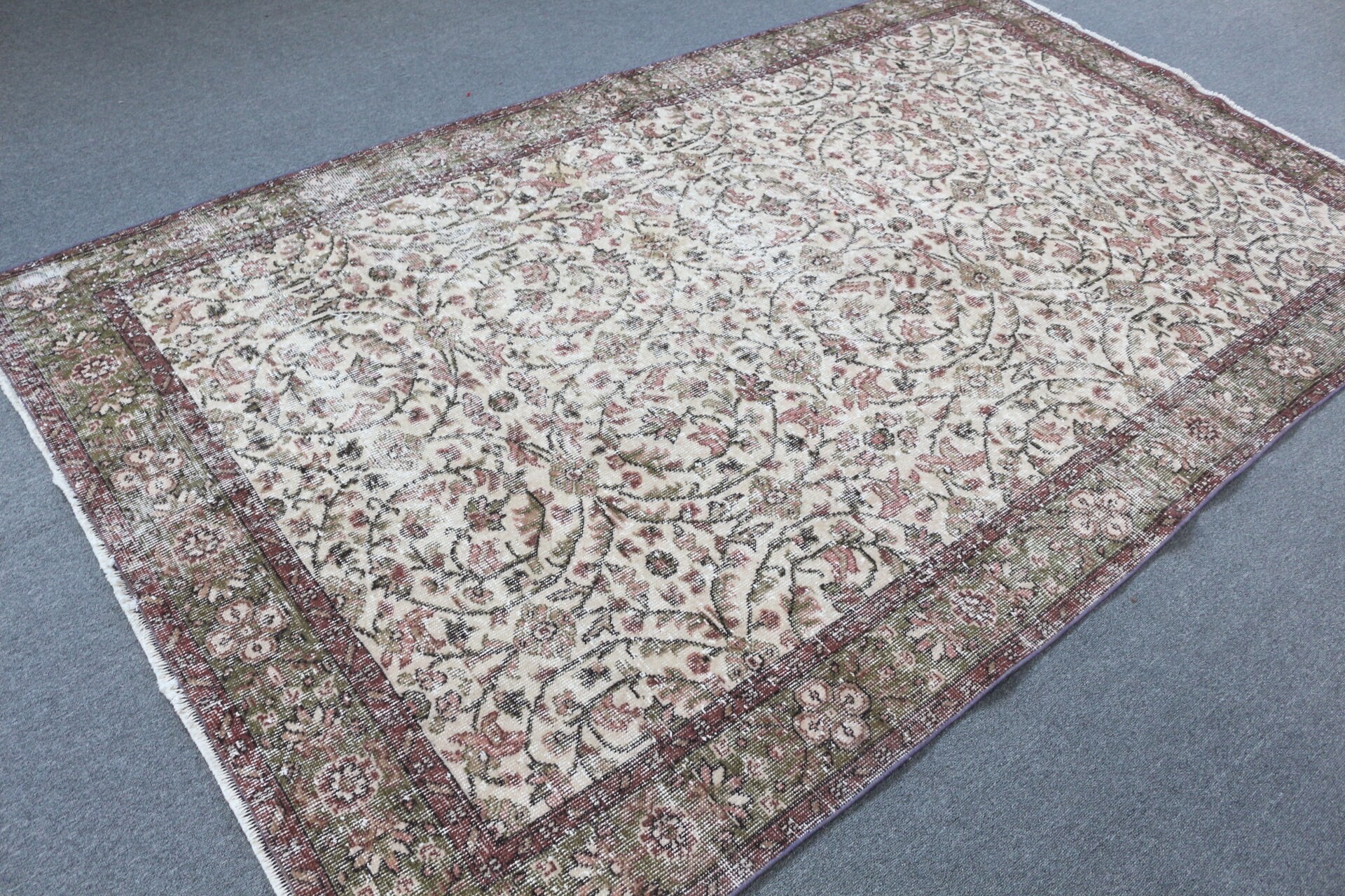 Mutfak Halısı, Oushak Halısı, Yemek Odası Halısı, Yemek Odası Halıları, Türk Halıları, 5.4x9.4 ft Büyük Halı, Vintage Halılar, Yeşil Yatak Odası Halısı