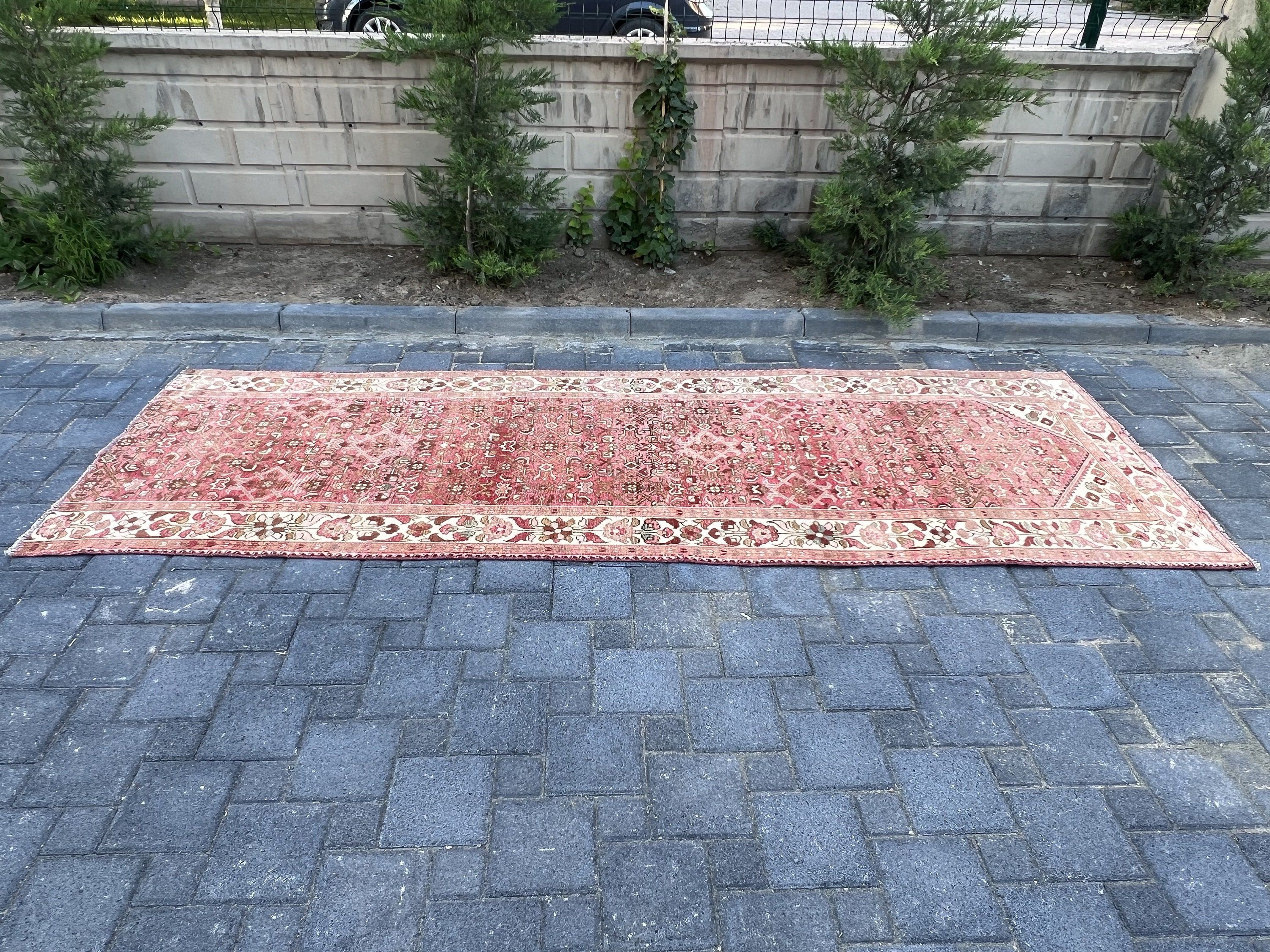 Pink Wool Rug, Bohemian Rug, Rugs for Kitchen, Corridor Rugs, Kitchen Rug, 3.7x10.6 ft Runner Rug, Vintage Rugs, Turkish Rug