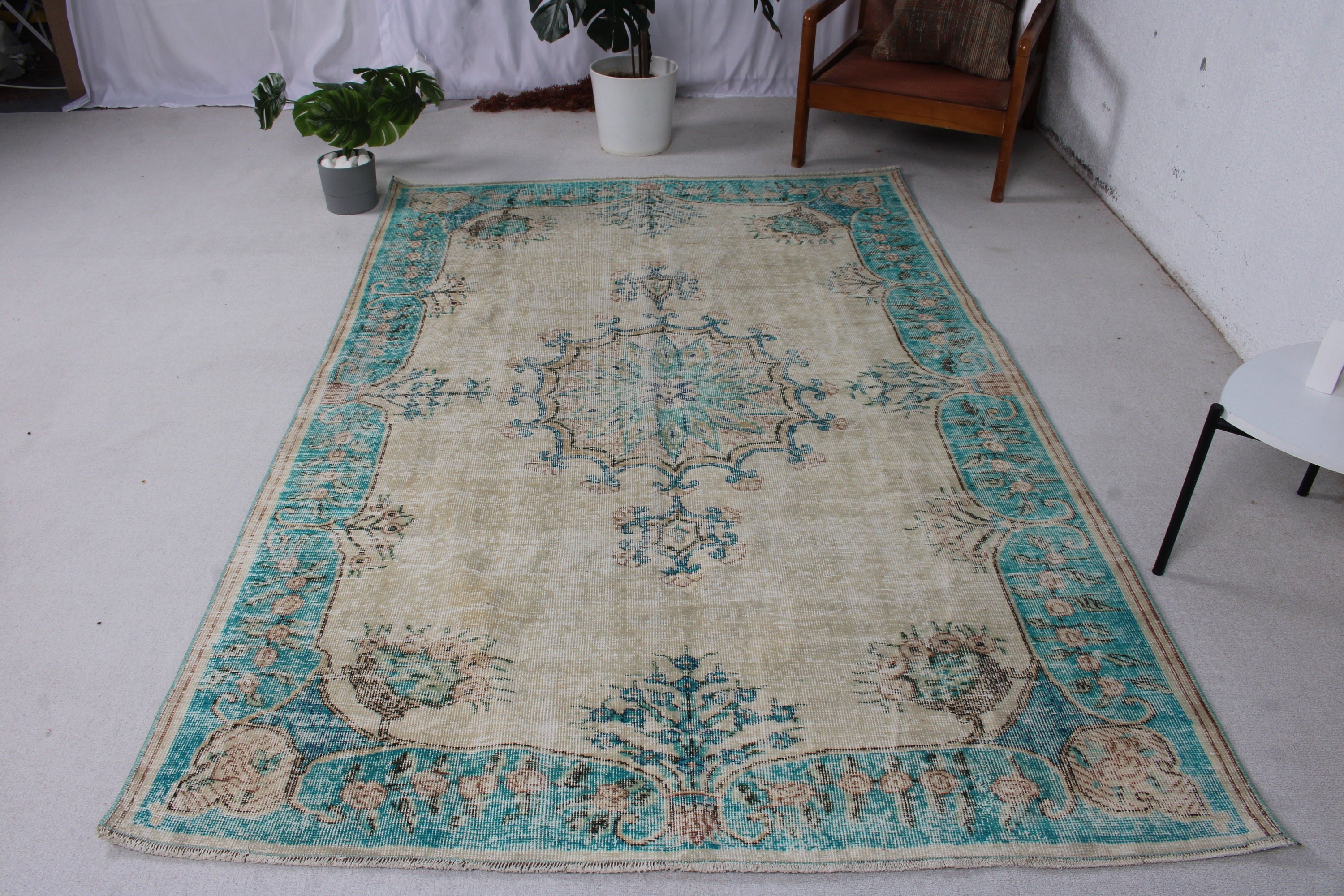 Yatak Odası Halıları, Büyük Oushak Halıları, 5.3x7.9 ft Büyük Halı, Yün Halıları, Türk Halısı, Vintage Halı, Bohem Halıları, Bej Yün Halısı, Salon Halısı