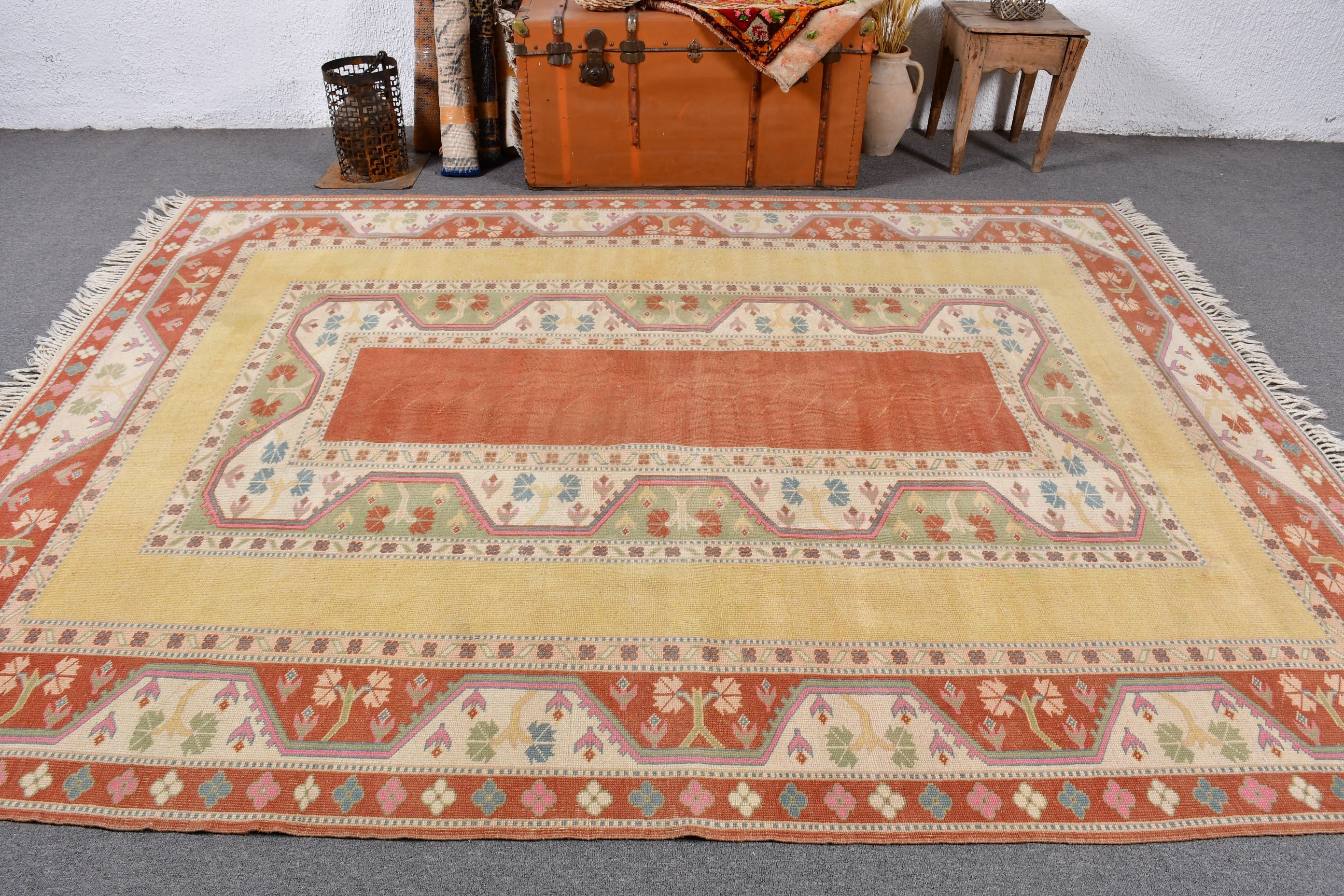 6.9x9 ft Büyük Halılar, Organik Halılar, Vintage Halılar, Türk Halıları, Sarı El Dokuma Halılar, Kilim, Mutfak Halıları, Oturma Odası Halıları