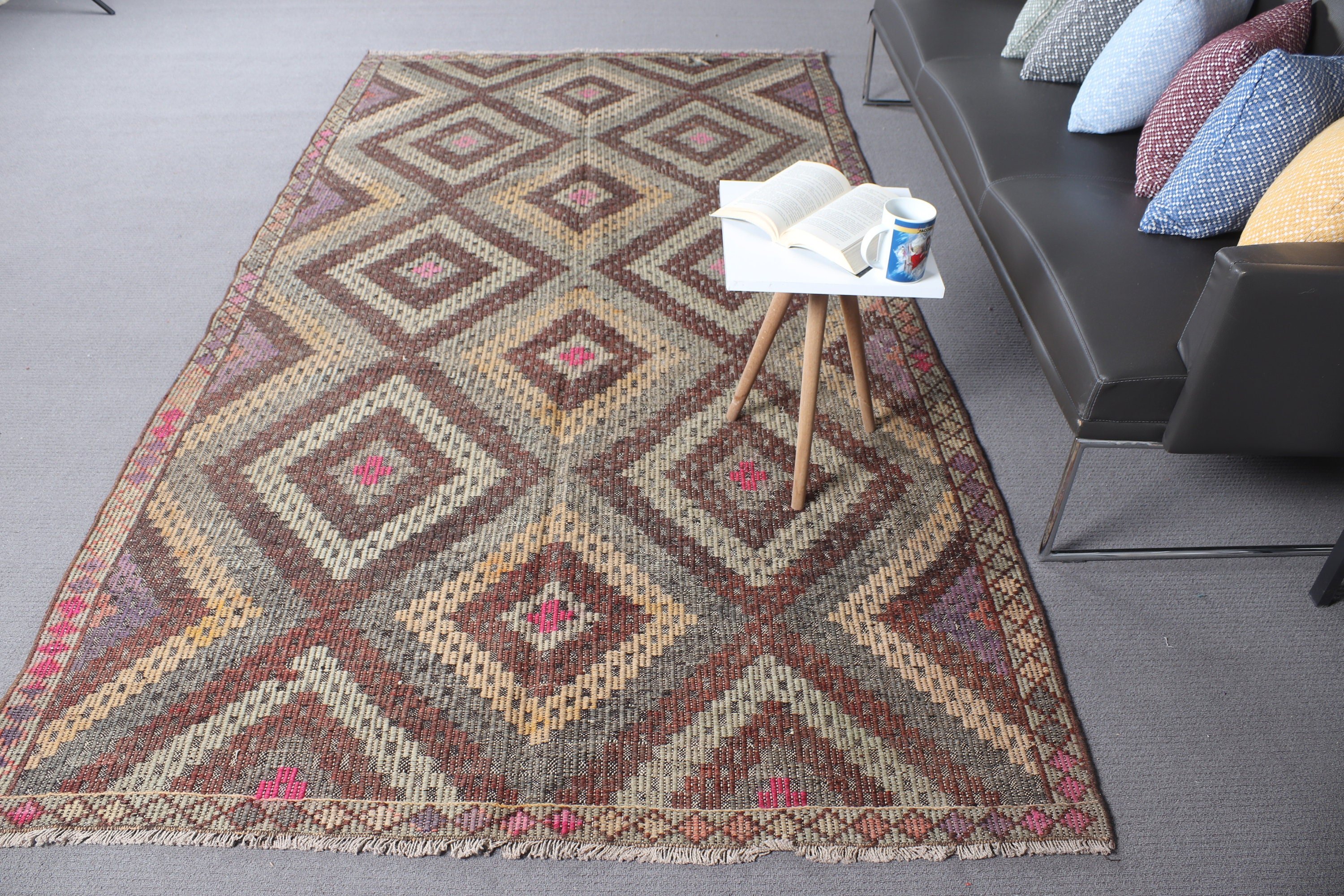 Geometrik Halılar, Vintage Halı, Kahverengi Oryantal Halı, Kilim, Anadolu Halıları, Türk Halısı, Kabile Halıları, 5.2x9.6 ft Büyük Halı, Büyük Oushak Halıları