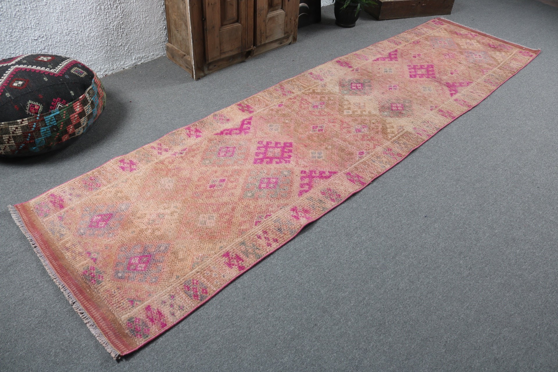 Yün Halı, 2,9x11,2 ft Yolluk Halıları, Türk Halısı, Uzun Yolluk Halıları, Turuncu Fas Halıları, Vintage Halı, Koridor Halısı, Türkiye Halısı, Geometrik Halı