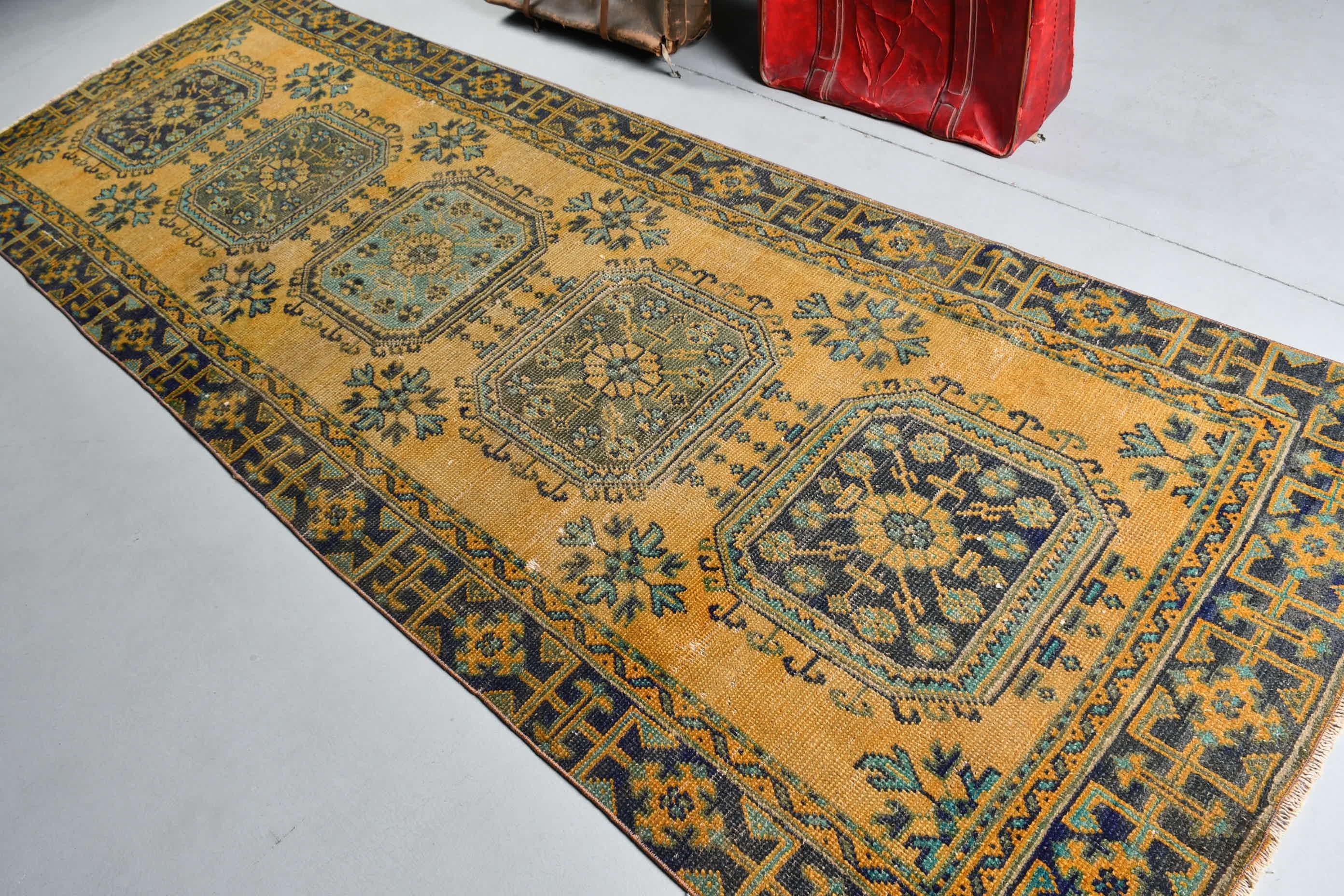 Turkish Rug, Vintage Rug, Kitchen Rug, Rugs for Corridor, 3.8x11.2 ft Runner Rugs, Yellow Oriental Rug, Old Rug, Oriental Rug