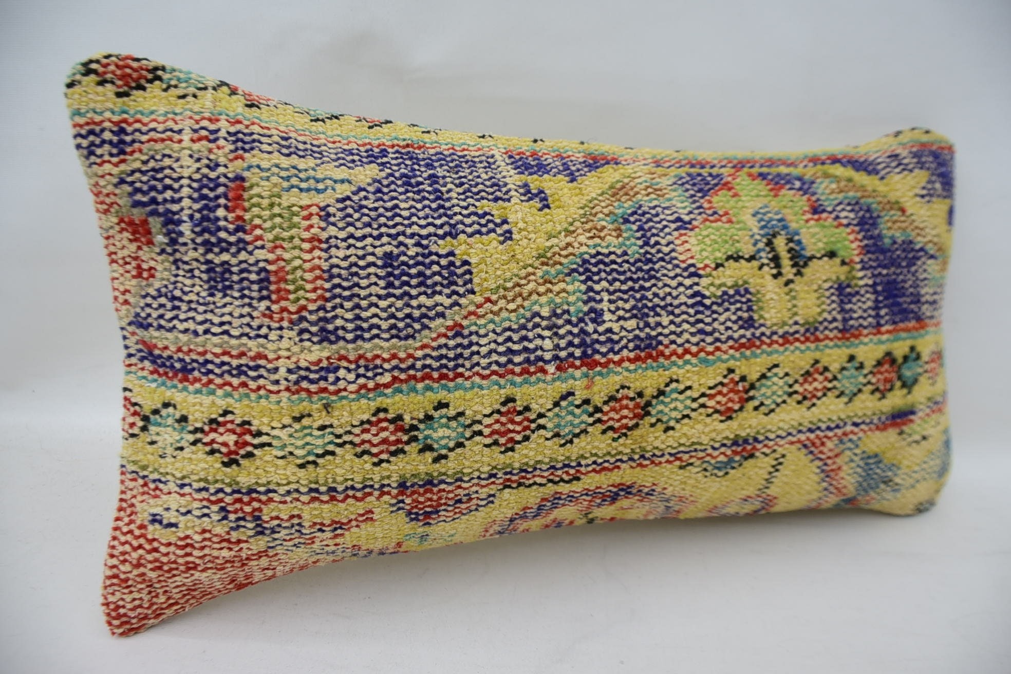 Vintage Kilim Pillow, Bright Pillow Sham, 12"x24" Yellow Pillow Sham, Kilim Cushion Sham, Vintage Kilim Throw Pillow, Bench Cushion Cover