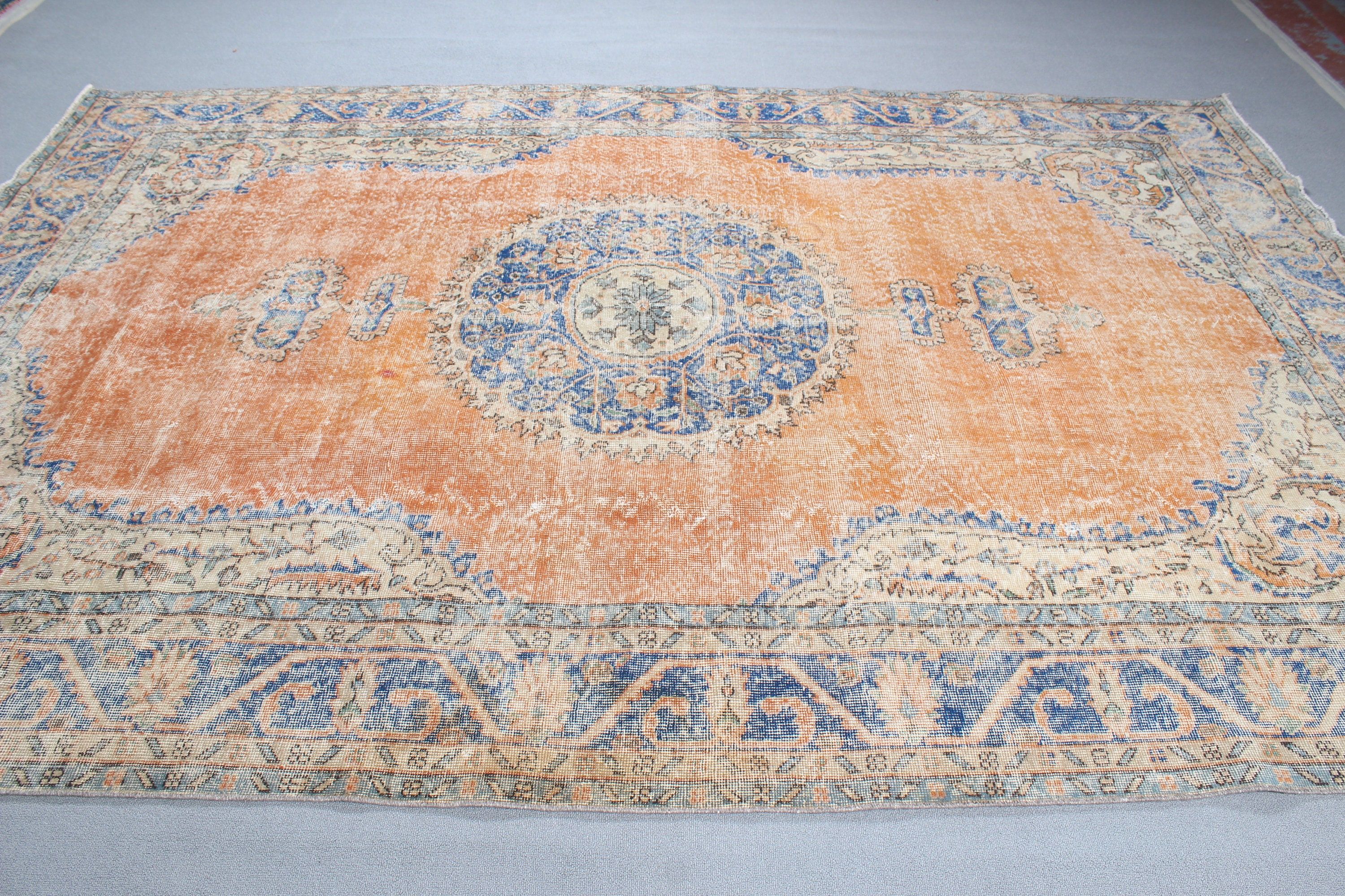 Vintage Rugs, Turkish Rugs, Geometric Rug, Oriental Rugs, Saloon Rugs, Orange Kitchen Rug, 7.2x10.6 ft Oversize Rugs, Oversize Turkish Rug