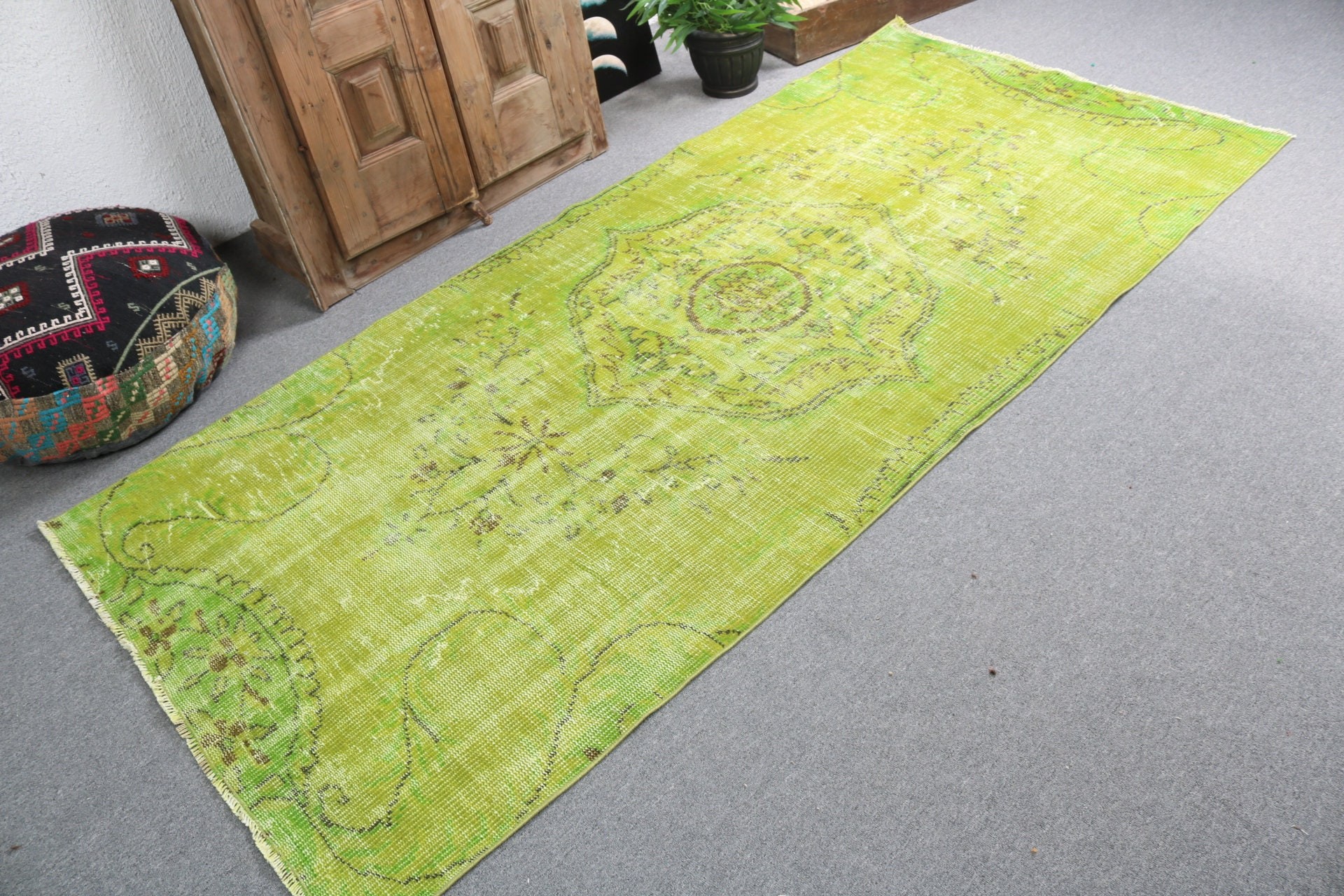 Vintage Rugs, Turkish Rugs, 3.7x8.4 ft Area Rugs, Modern Rug, Green Handwoven Rug, Oushak Area Rug, Vintage Area Rug, Neutral Rug